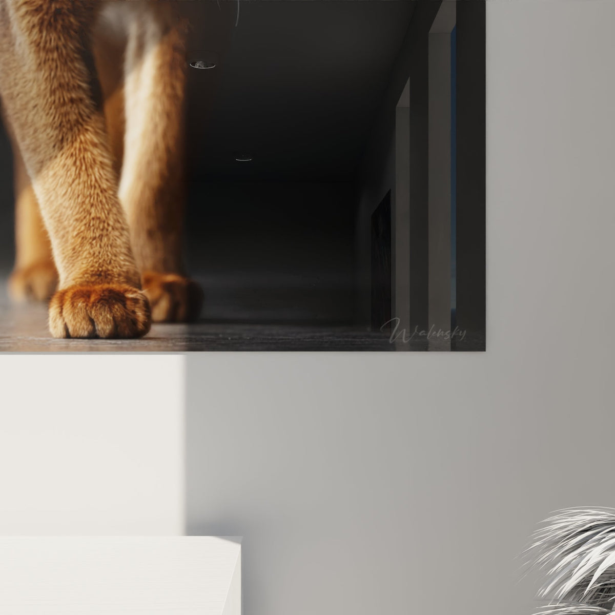 Gesamtansicht Wandbild Abessinier-Katze im zeitgenössischen Wohnzimmer, dekoratives Tier-Porträtkunstwerk