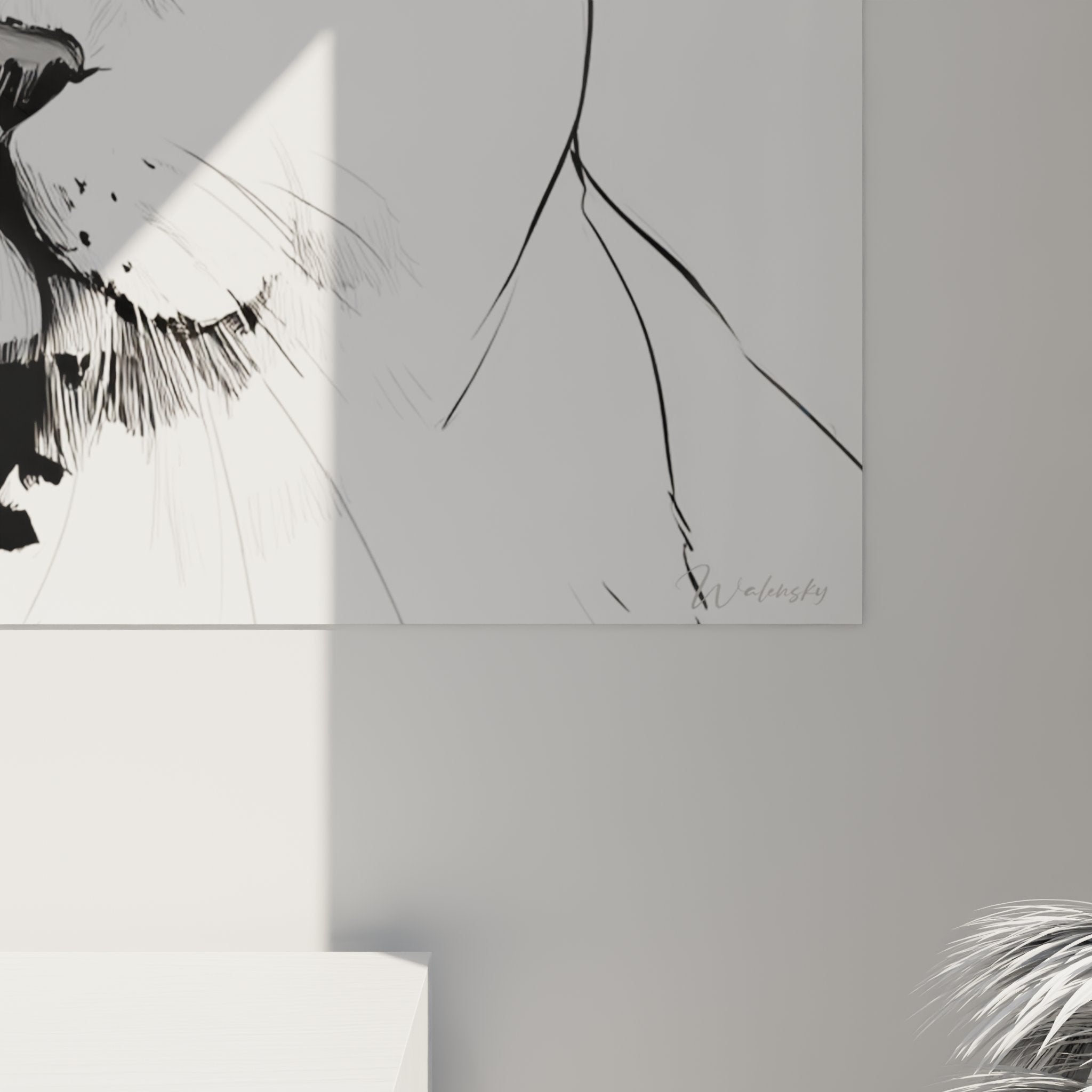 Vue ensemble tableau portrait chat American Shorthair noir blanc decoration murale moderne style minimaliste