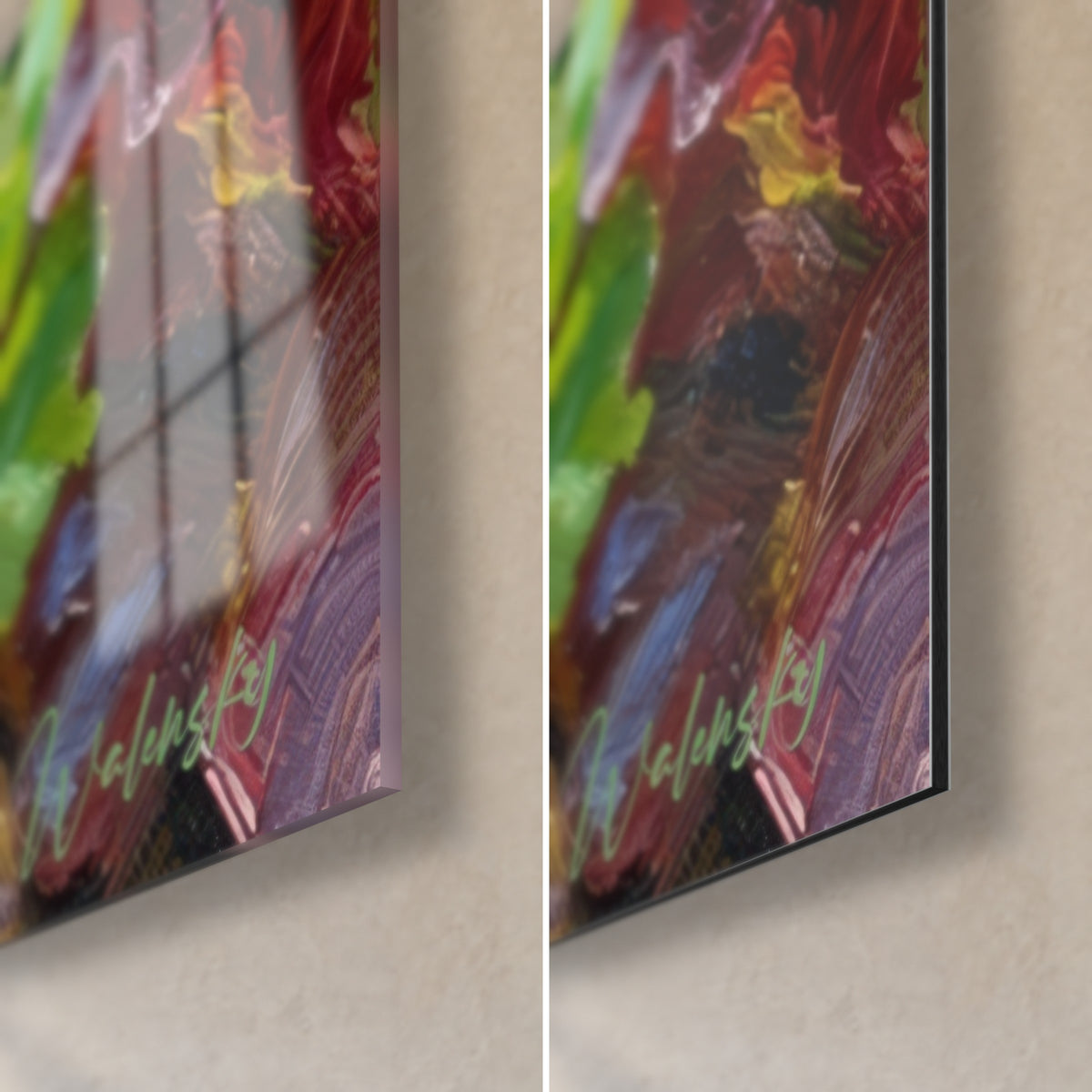 Schilderij Getijgerde kater in de moestuin, rechtsonder: paarse en felgroene sla, glanzend glas links, mat Dibond rechts
