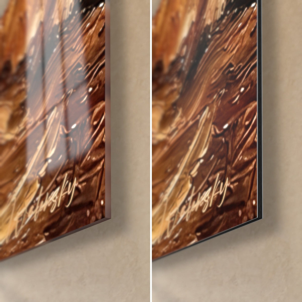 Schilderij slapend rood katje, hoek rechtsonder van glanzend glas en mat Alu Dibond, witte handtekening, zichtbare rand van 3 mm