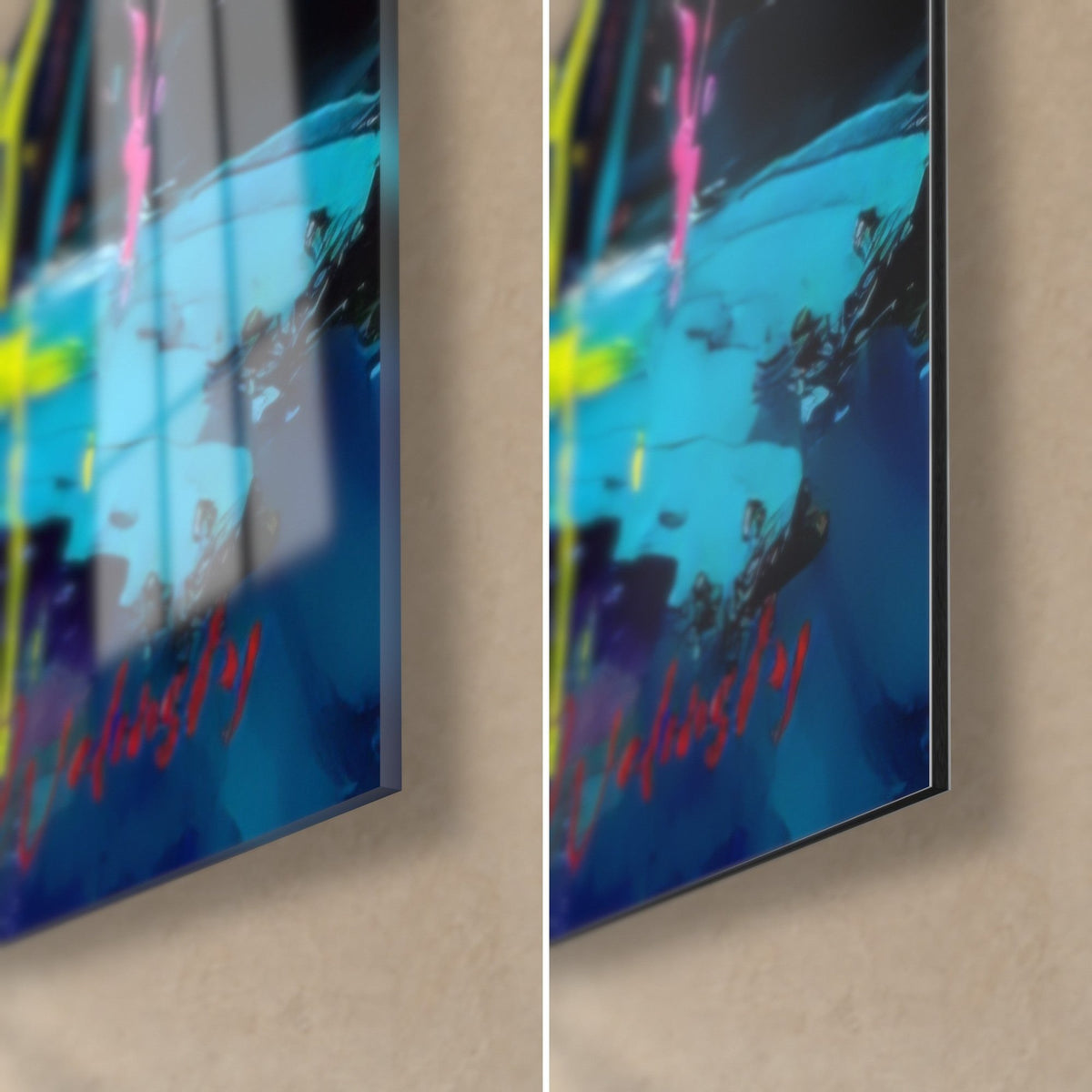 Gemälde eines Jetski-Piloten, rechte untere Ecke: glänzendes Glas mit Reflexen links, mattes Dibond-Aluminium rechts, Türkis und Rosa, 3 mm Kante