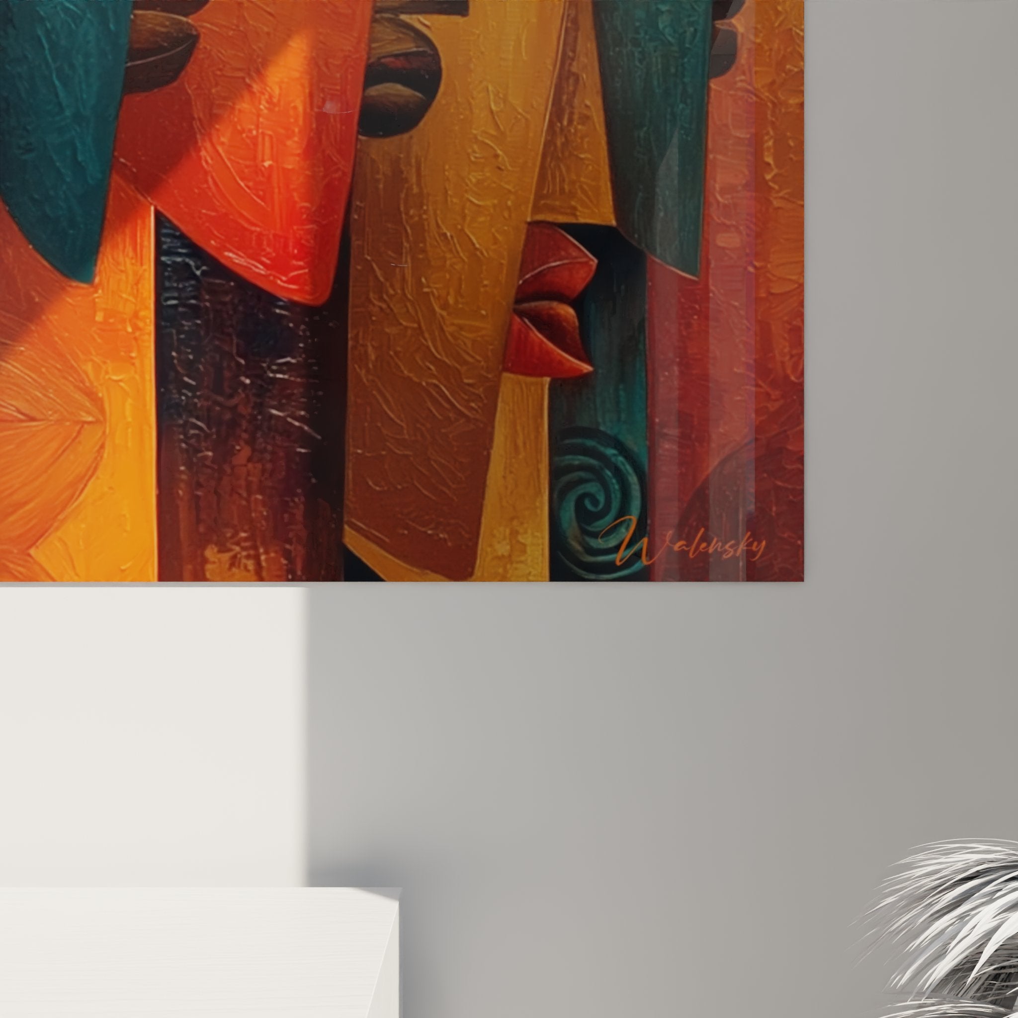 Overview of the African tribal masks artwork in an elegant contemporary interior setting