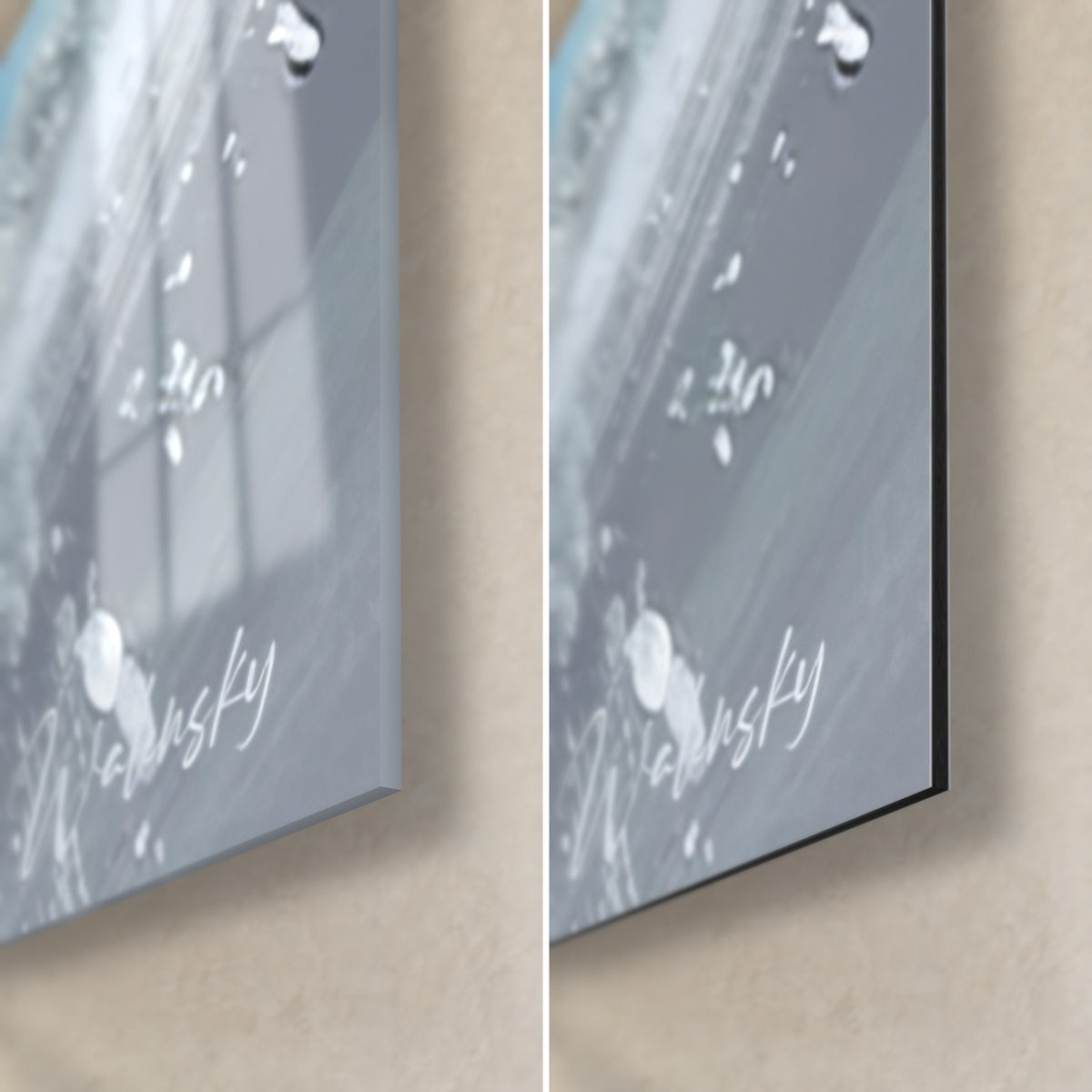 Wall art snowy summit, bottom right corner: glossy acrylic glass with reflections, matte black Dibond aluminium and 3 mm edge