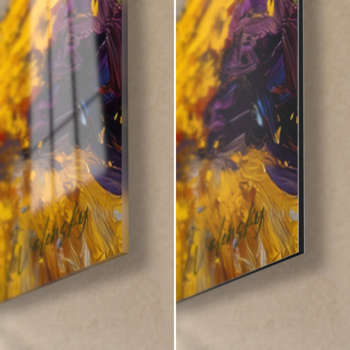 Wall art flowering hillside in yellow and purple, bottom right corner: glossy acrylic glass on the left, matte Dibond aluminium on the right, 3 mm edge
