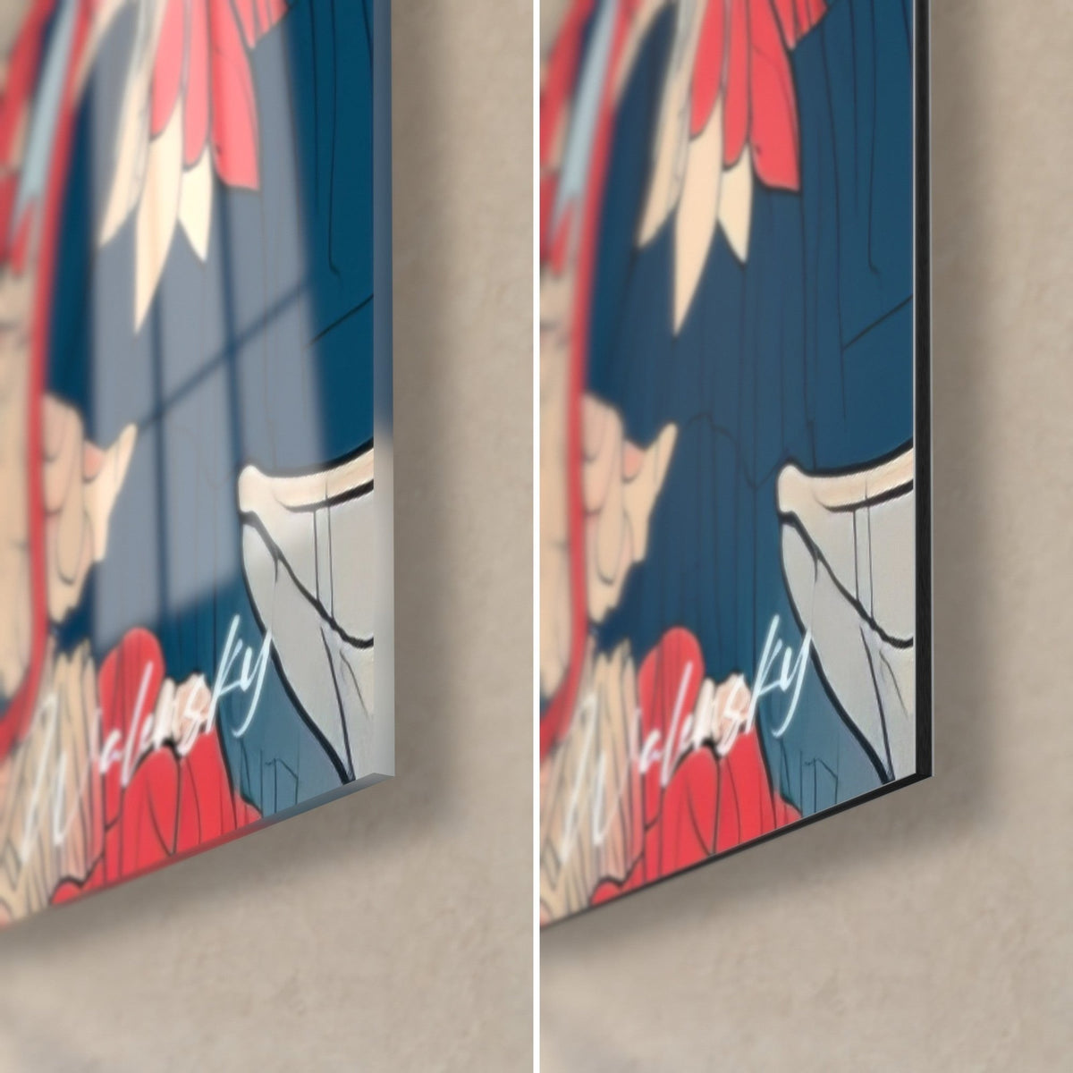 Wall art sphynx warrior in navy and red ink, bottom right corner: glossy glass on the left, matte Dibond on the right, 3 mm edge