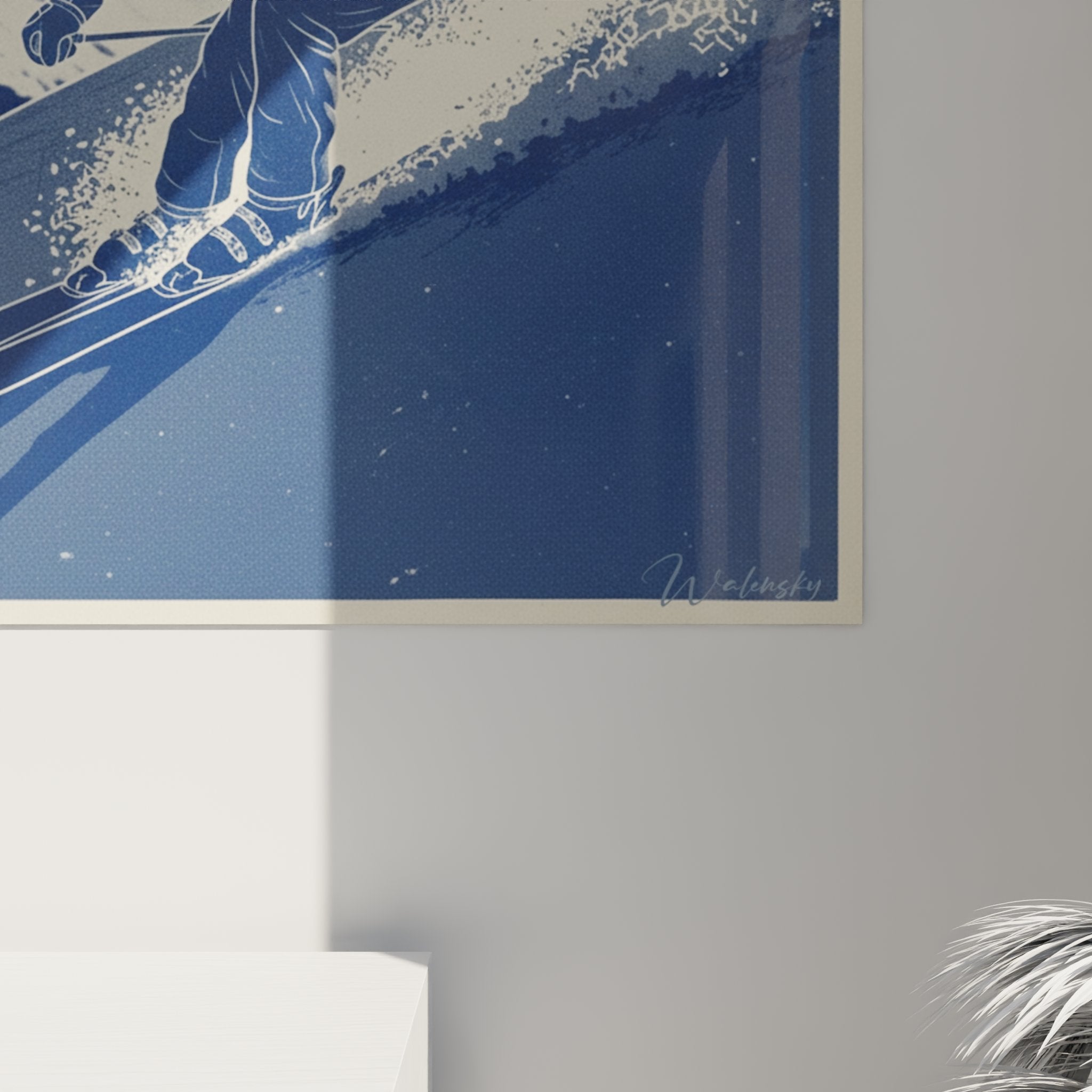 Vue d'ensemble tableau mural skieur alpin descente sportive décoration intérieure thème montagne