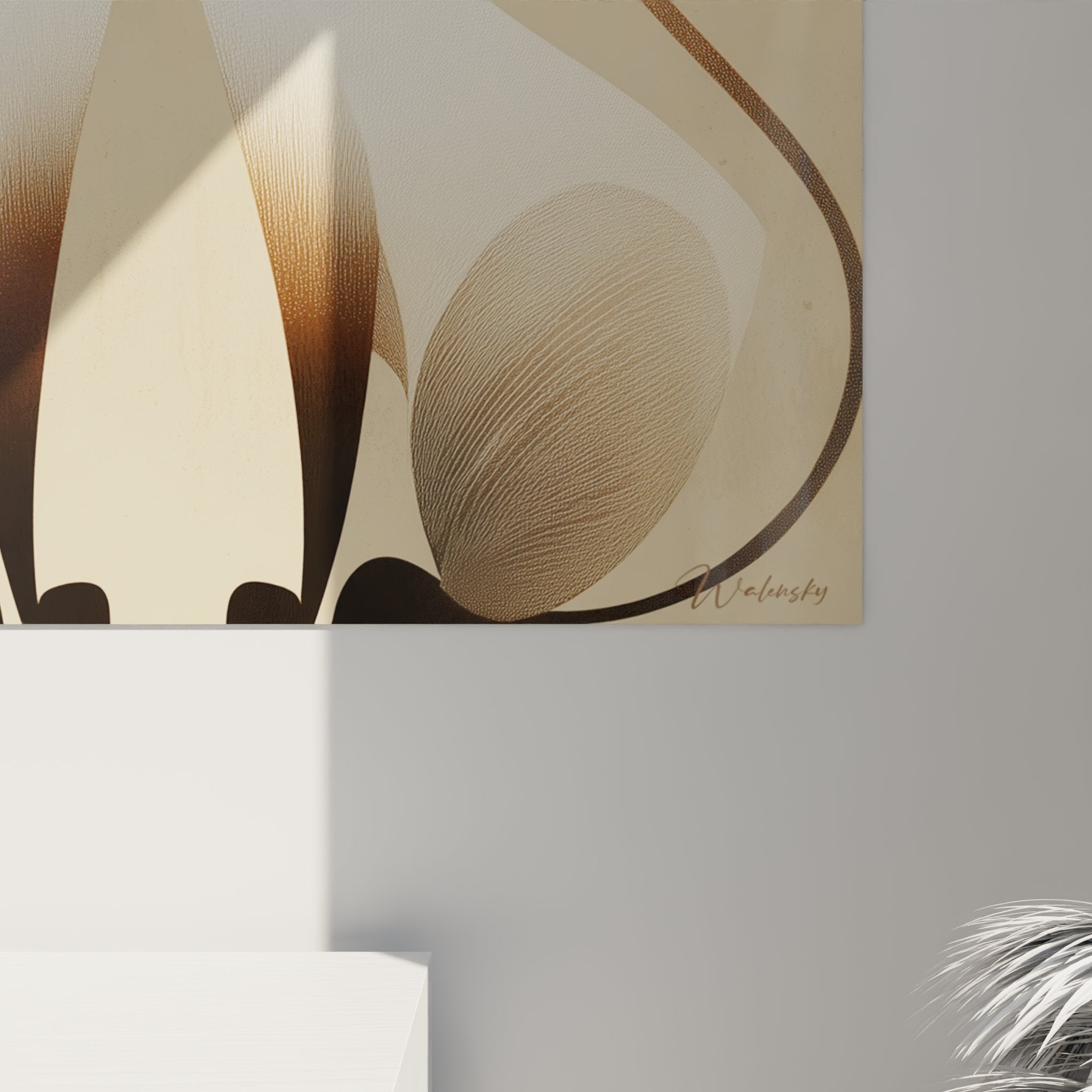 Overview of Siamese cats art deco wall art with intertwined tails on beige background in contemporary living room