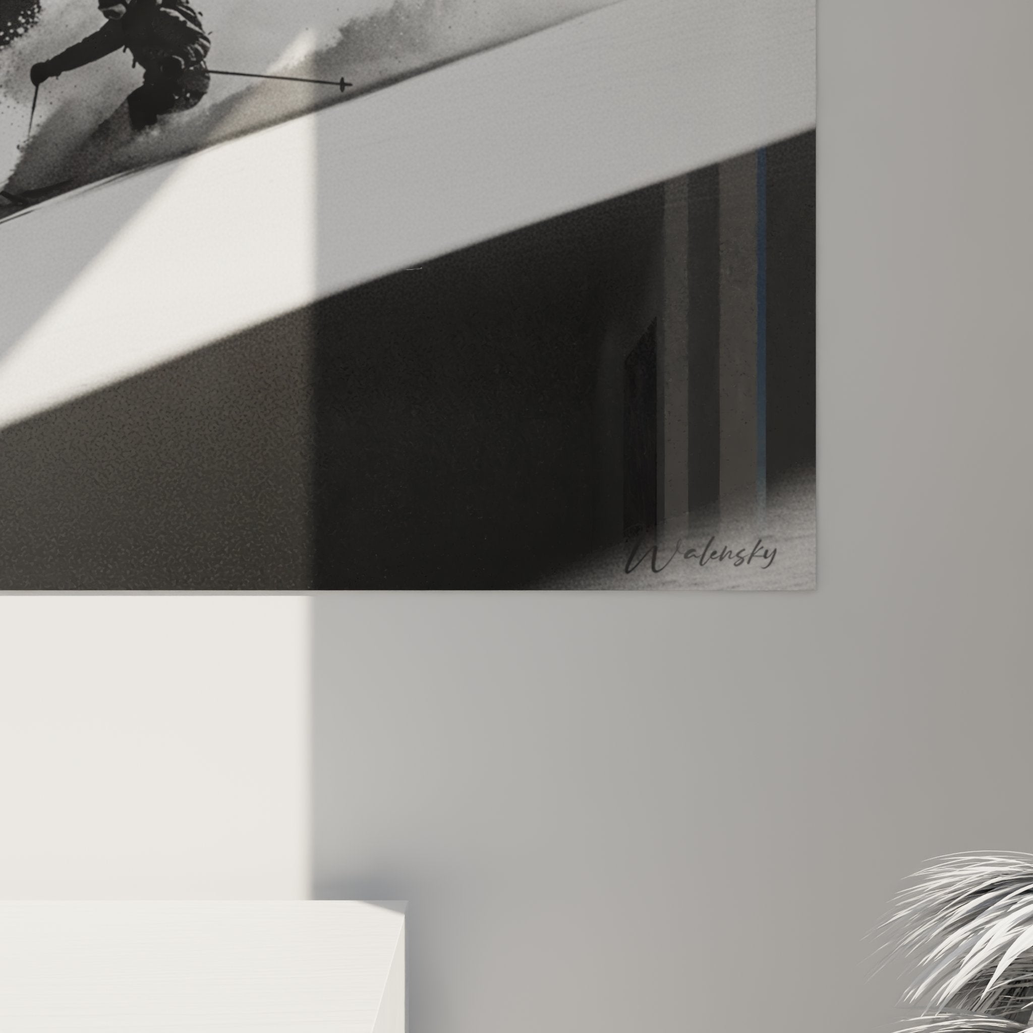 Vue d'ensemble tableau mural skieur poudreuse noir blanc dans intérieur moderne décoration ski
