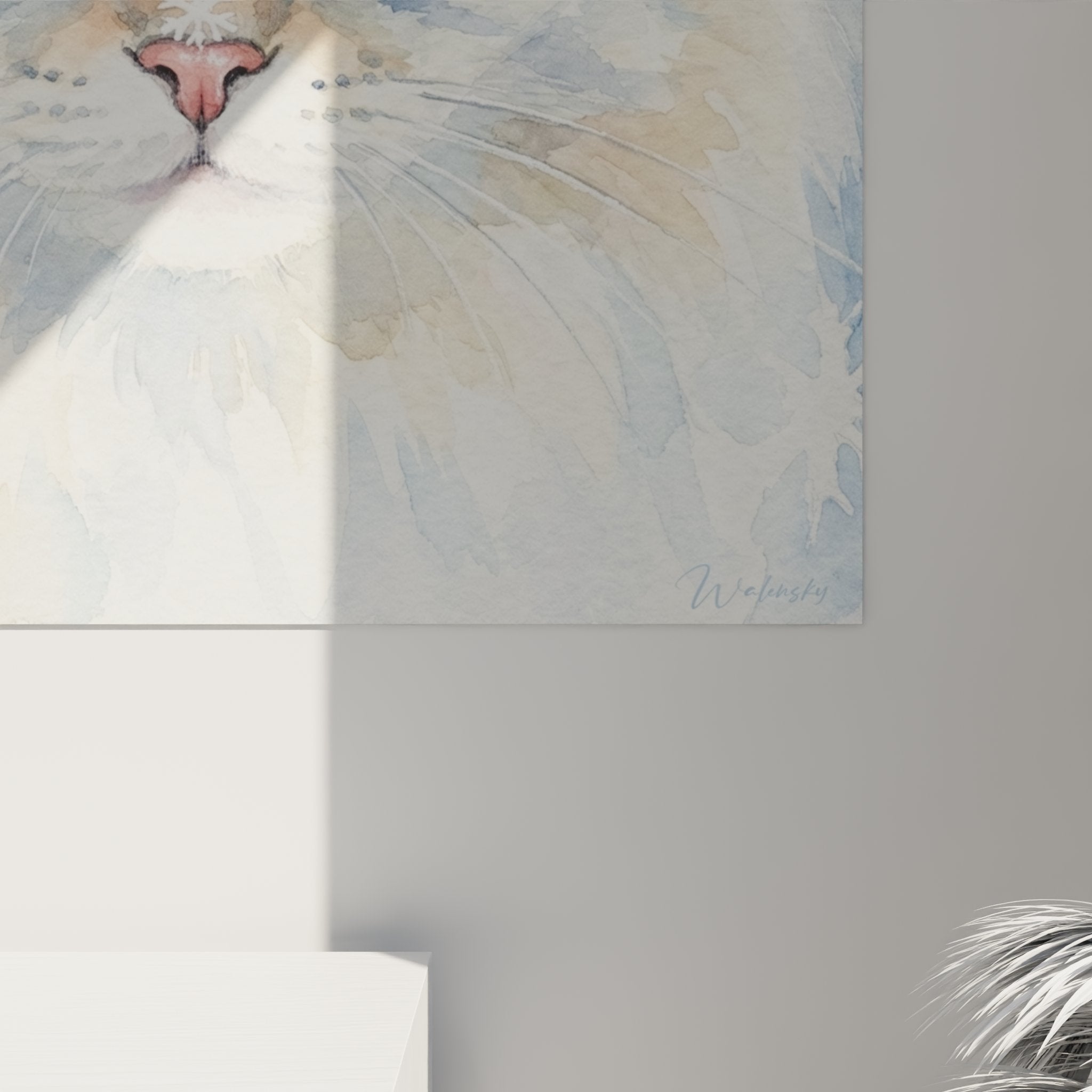 Overall view Kurilian Bobtail cat painting winter watercolor white frame modern interior decoration