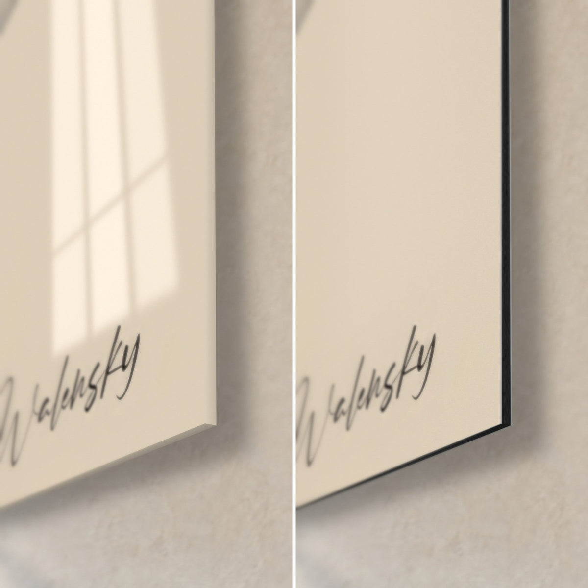 Gemälde Porträt im schwarzen und beigen Profil, Signatur Walensky, untere rechte Ecke: glänzendes Acrylglas links, matres Dibond rechts