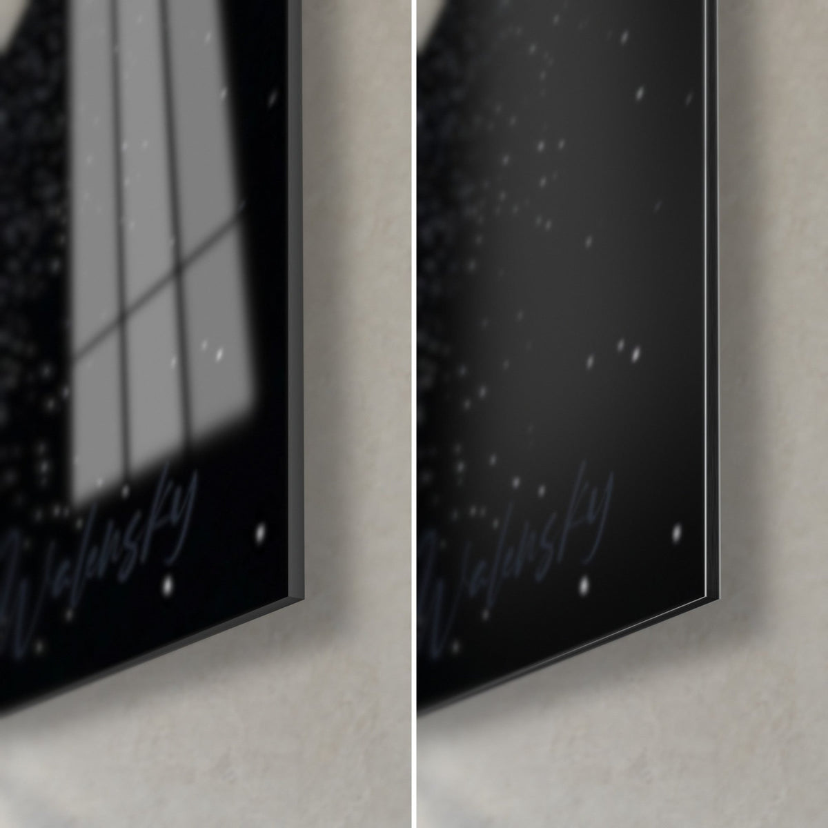 Wall art of a hooded man in white powder, bottom right corner: glossy acrylic glass reflecting the window, matte black Dibond aluminium, 3 mm edge