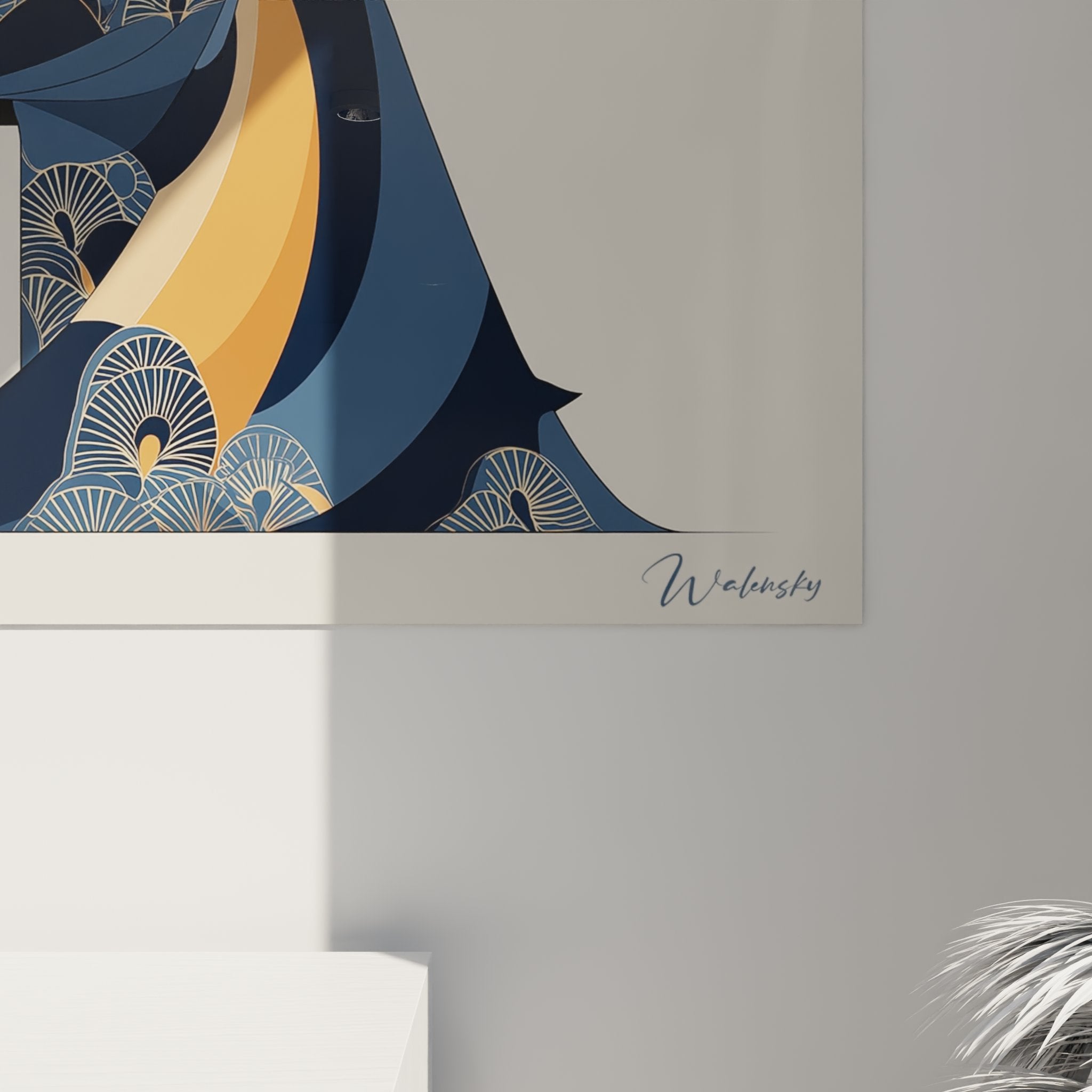Overview wall art tableau art deco Japanese woman blue orange kimono modern interior decoration