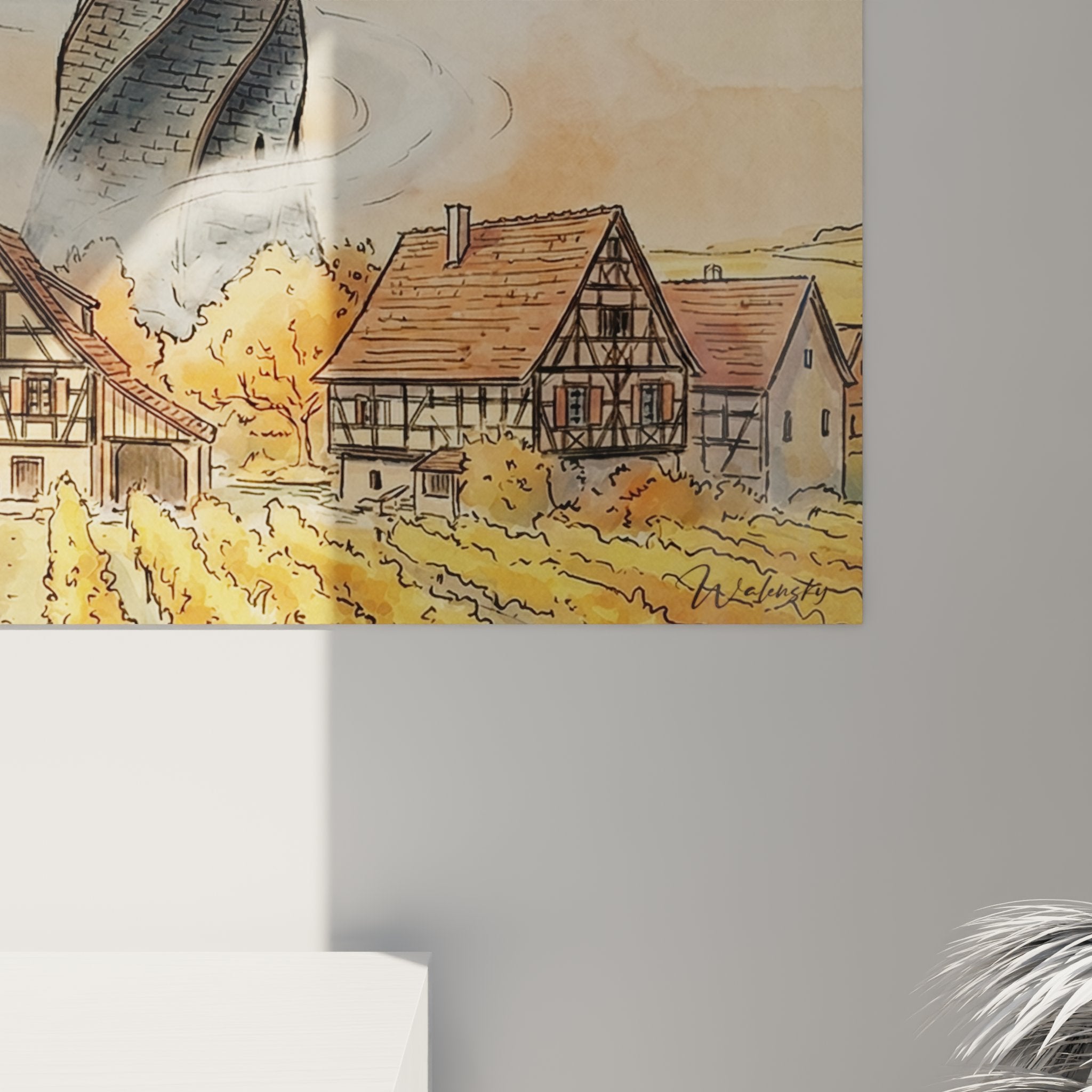 Vista d'insieme quadro villaggio Alsazia fantastico campanile a spirale campi dorati cielo pastello decorazione