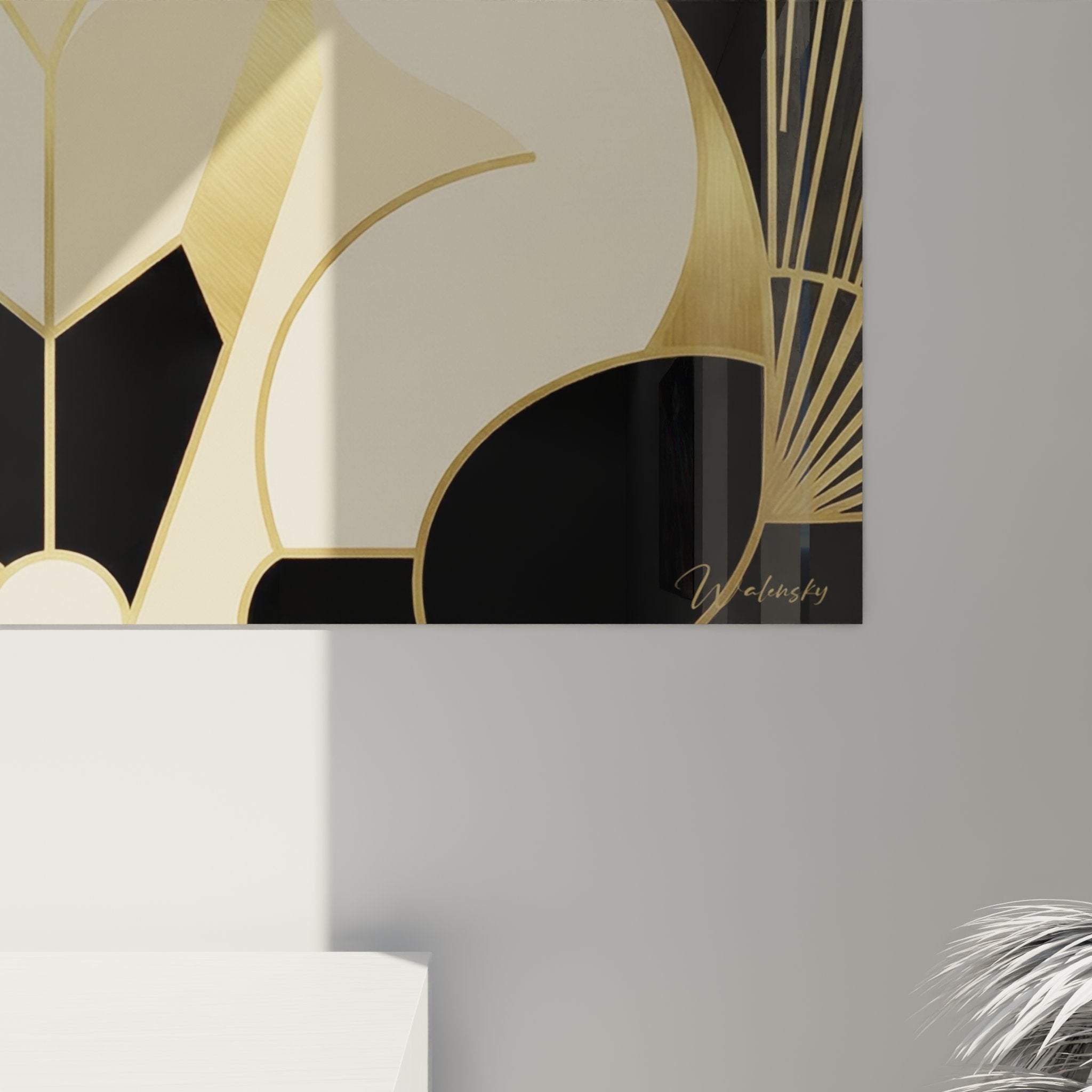 Overview of art deco cat painting with radiant golden patterns and elegant geometric design