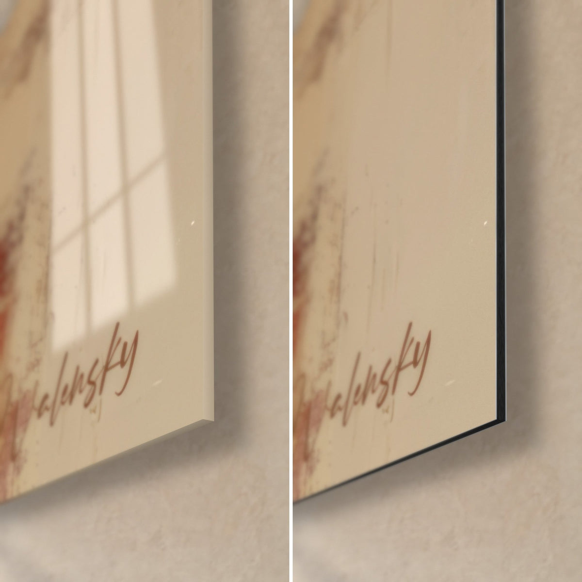 Schilderij zwarte silhouetten in rode jurken, rechtsonder, Walensky-handtekening in bruinrood op beige, glanzend glas en mat Dibond
