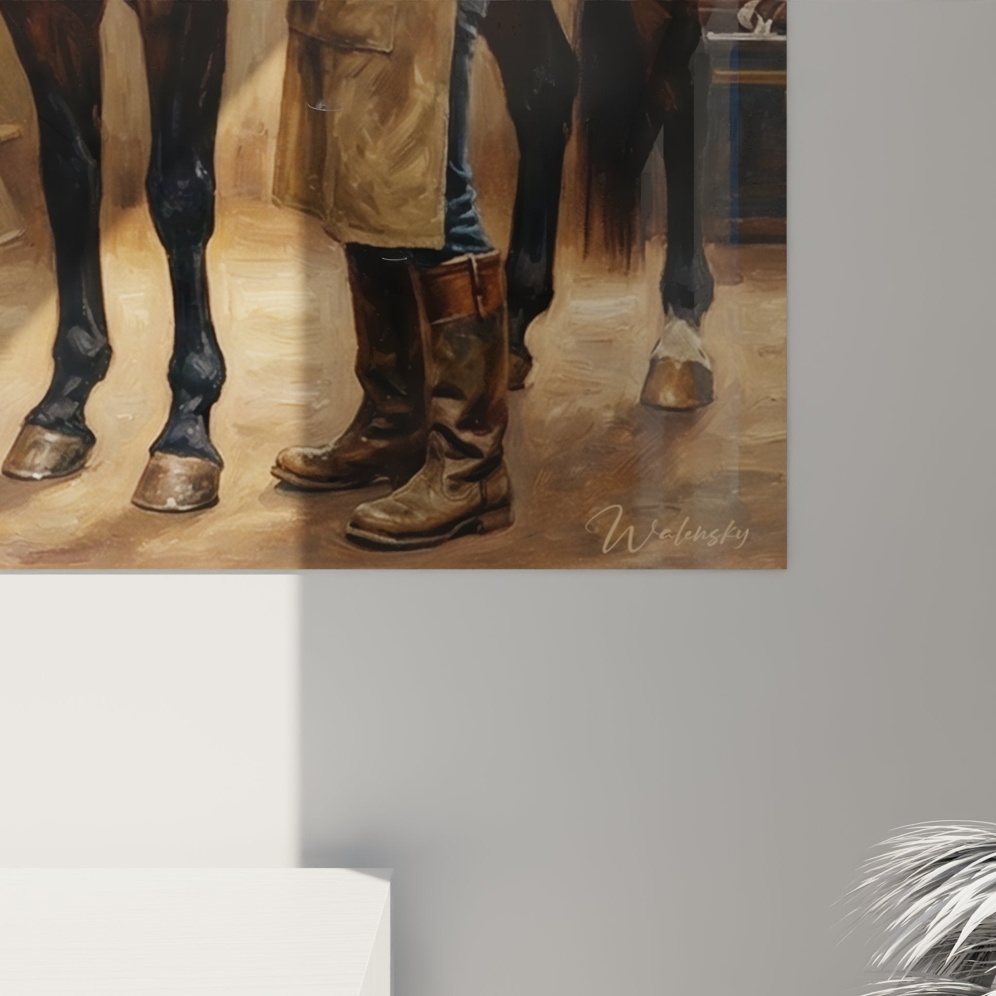 Panoramica del quadro equestre palafreniere nella stalla con attrezzi di toelettatura sul pavimento