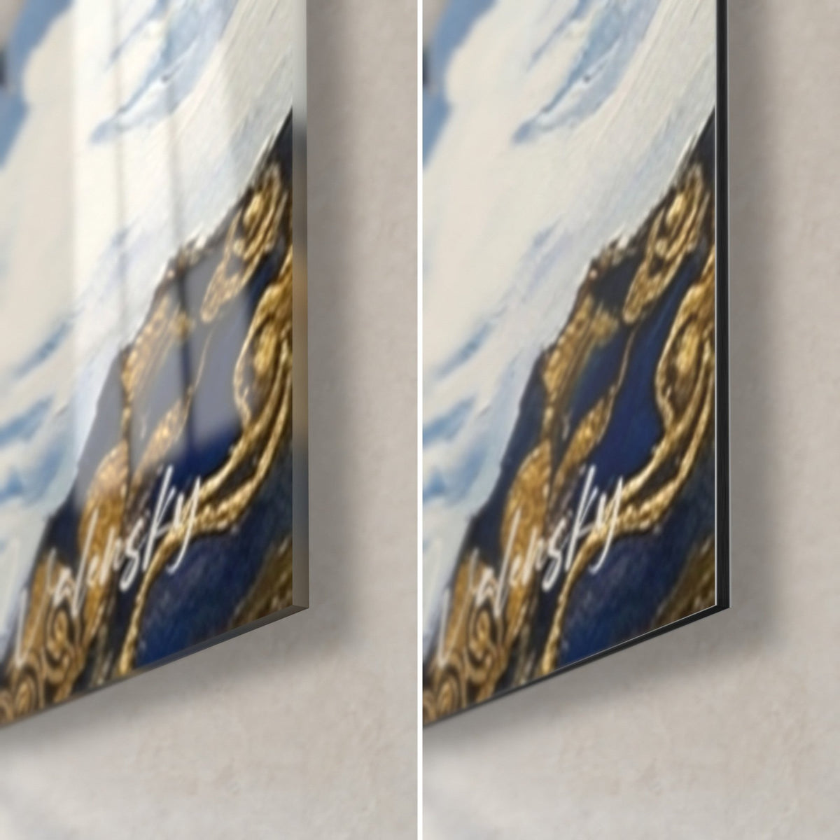 Wall art snowy summit, bottom right corner: glossy glass with reflections on the left, matte Dibond on the right, golden swirls on navy blue