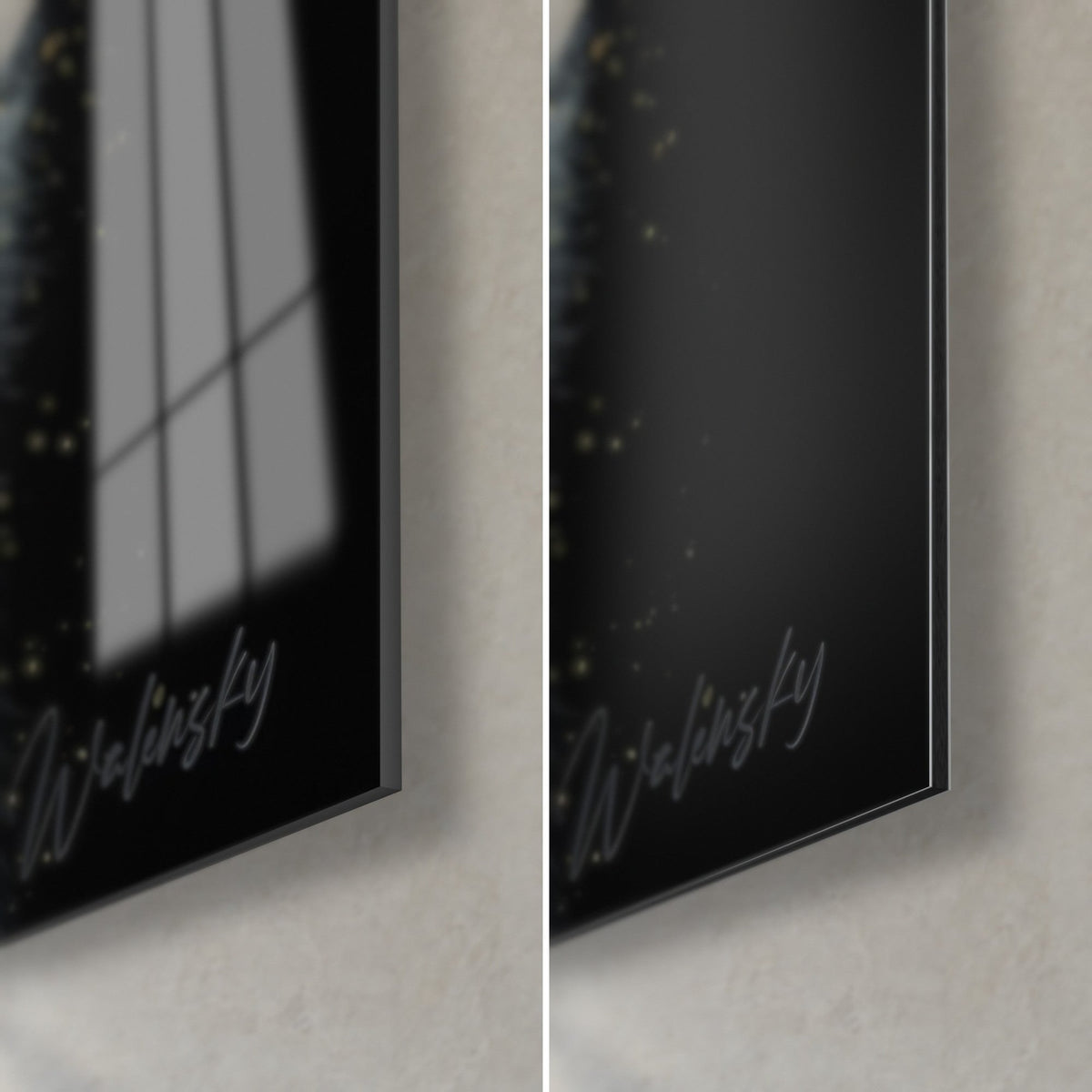 Cuadro retrato de gato gris con reflejos dorados, esquina inferior derecha: cristal acrílico brillante a la izquierda, Dibond negro mate a la derecha, canto de 3 mm