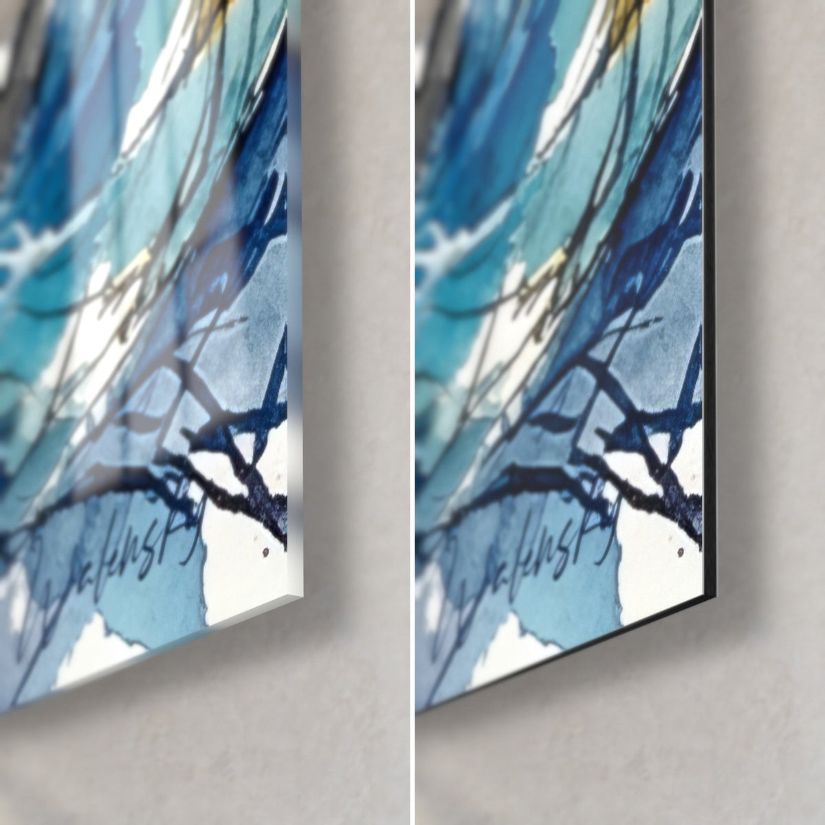 Schilderij havenkat, rechtsonder: indigo en turquoise netten, Walensky-signatuur, glanzend glas links, mat Dibond rechts