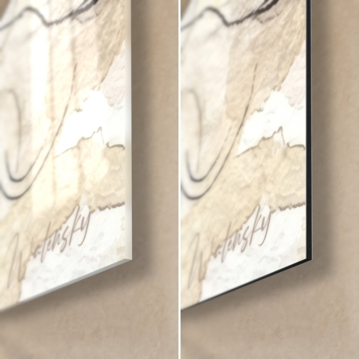 Schilderij aquarel kattengezicht, rechtsonder: glanzend acrylglas dat het licht weerkaatst, mat zwart Dibond, rand van 3 mm