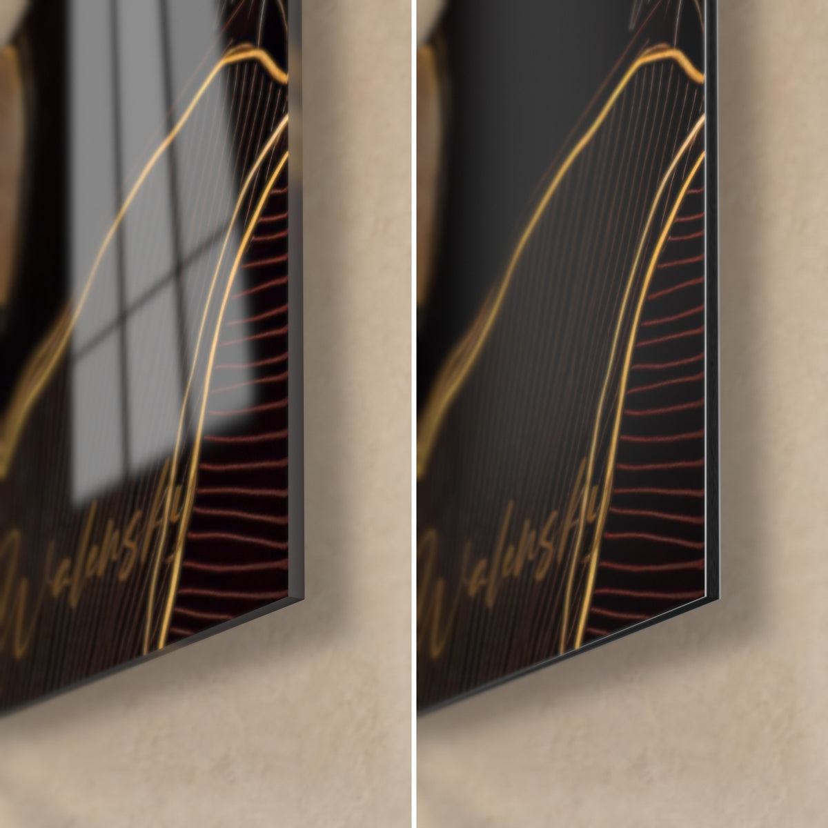 Cuadro de loto crema y oro, esquina inferior derecha de cristal acrílico brillante con reflejos y aluminio Dibond mate, canto de 3 mm visible