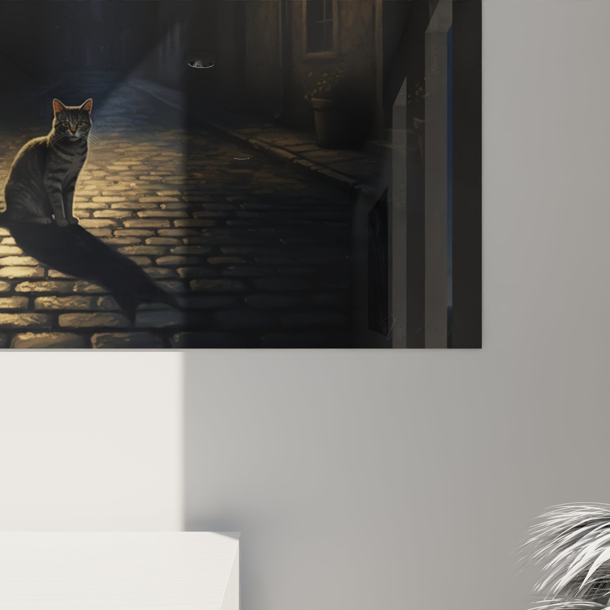 Vue ensemble tableau mural chat European Shorthair rue nocturne decoration interieur style europeen art contemporain
