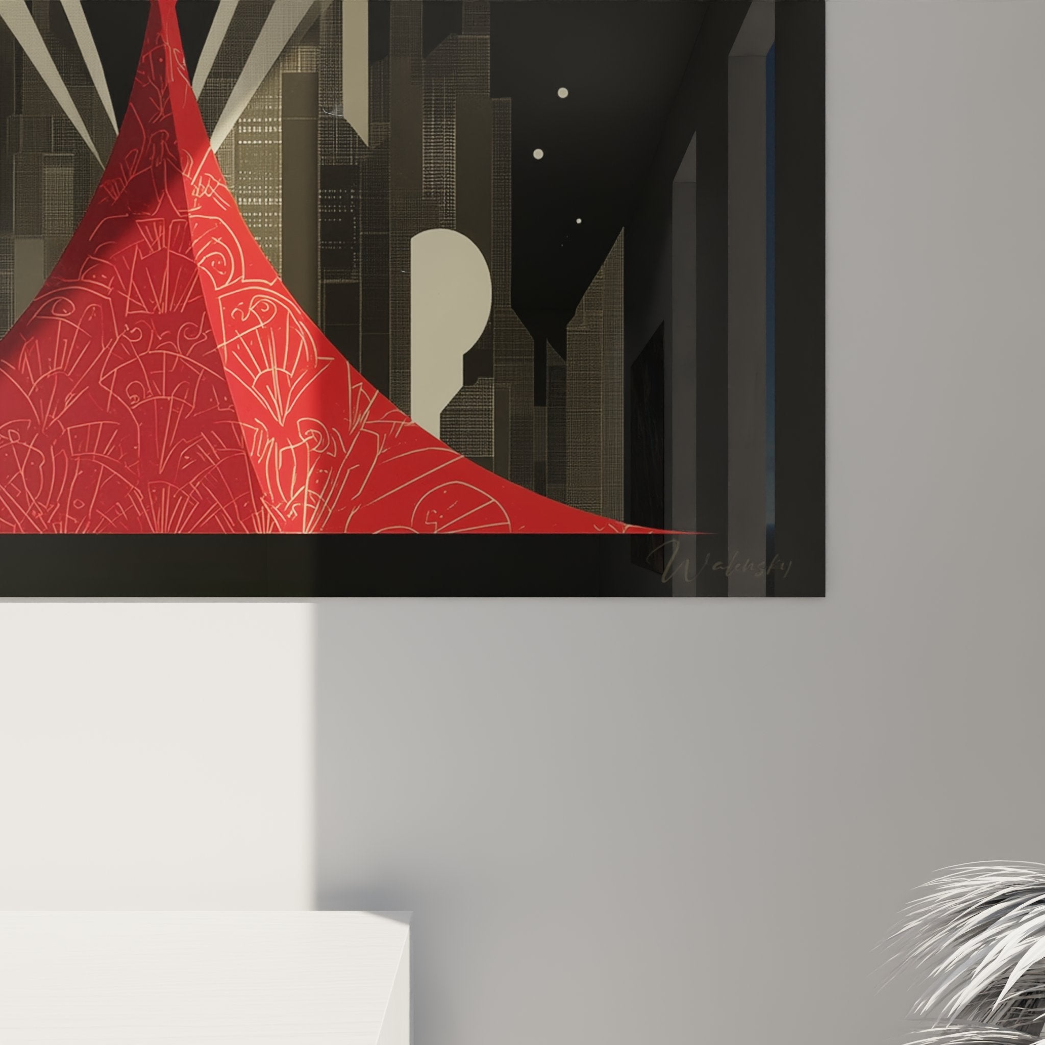 Vista d'insieme quadro murale art deco donna glamour abito rosso decorazione interni stile vintage chic