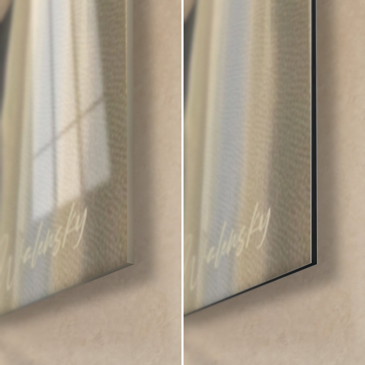Wall art woman by the window, bottom right corner: glossy acrylic glass with grey reflections on the left, matte beige Dibond on the right, 3 mm edge
