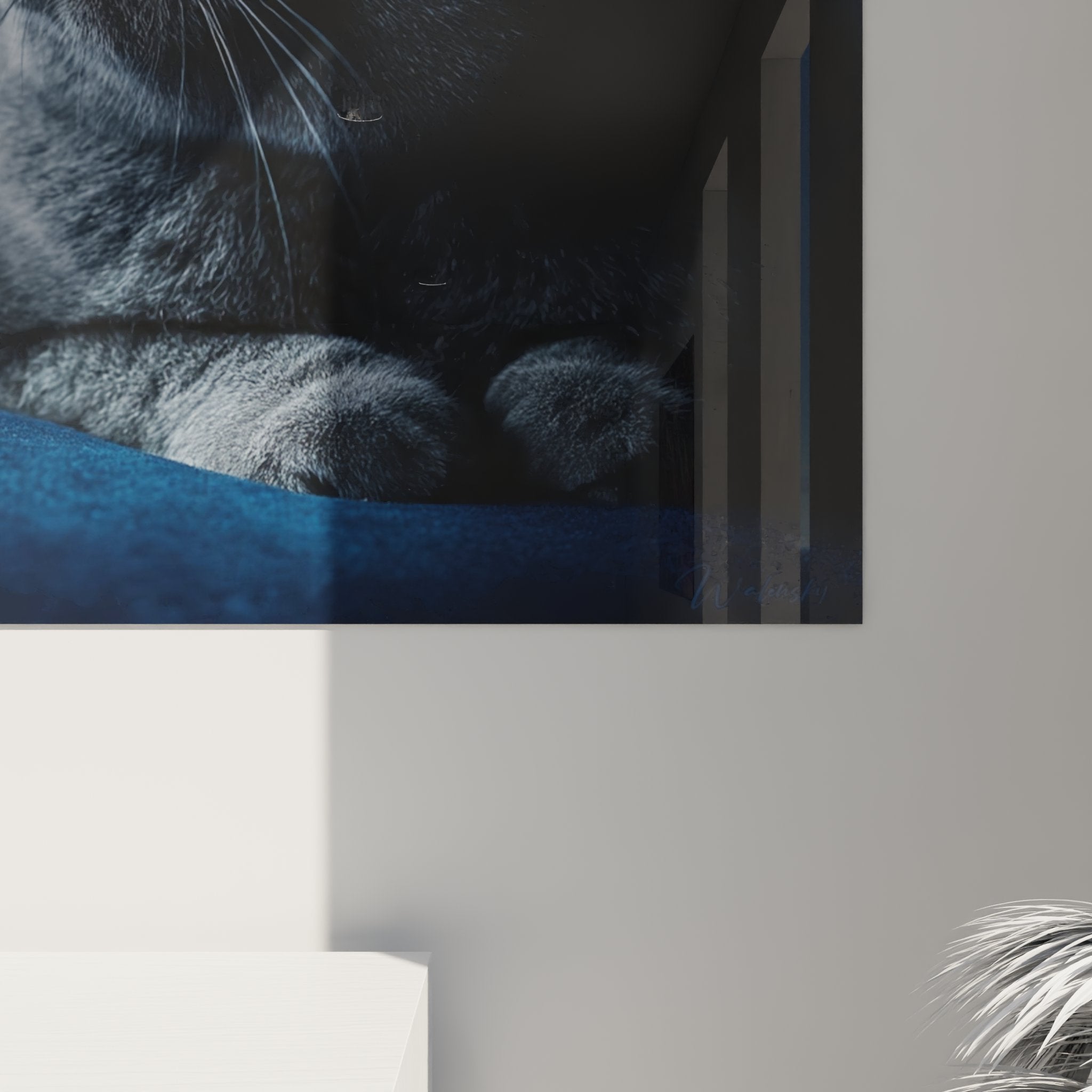 Overview of the British Shorthair grey artwork in a contemporary living room with ambient lighting