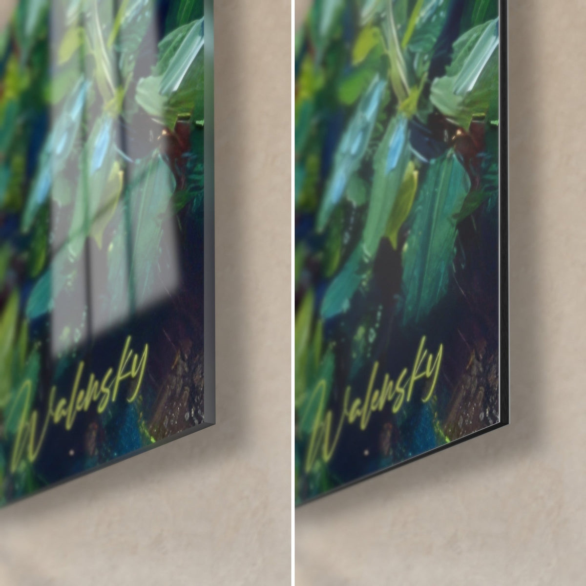 Wall art grey-blue tomcat with fur painted in thick brushstrokes, golden signature bottom right on green background, 3 mm edge
