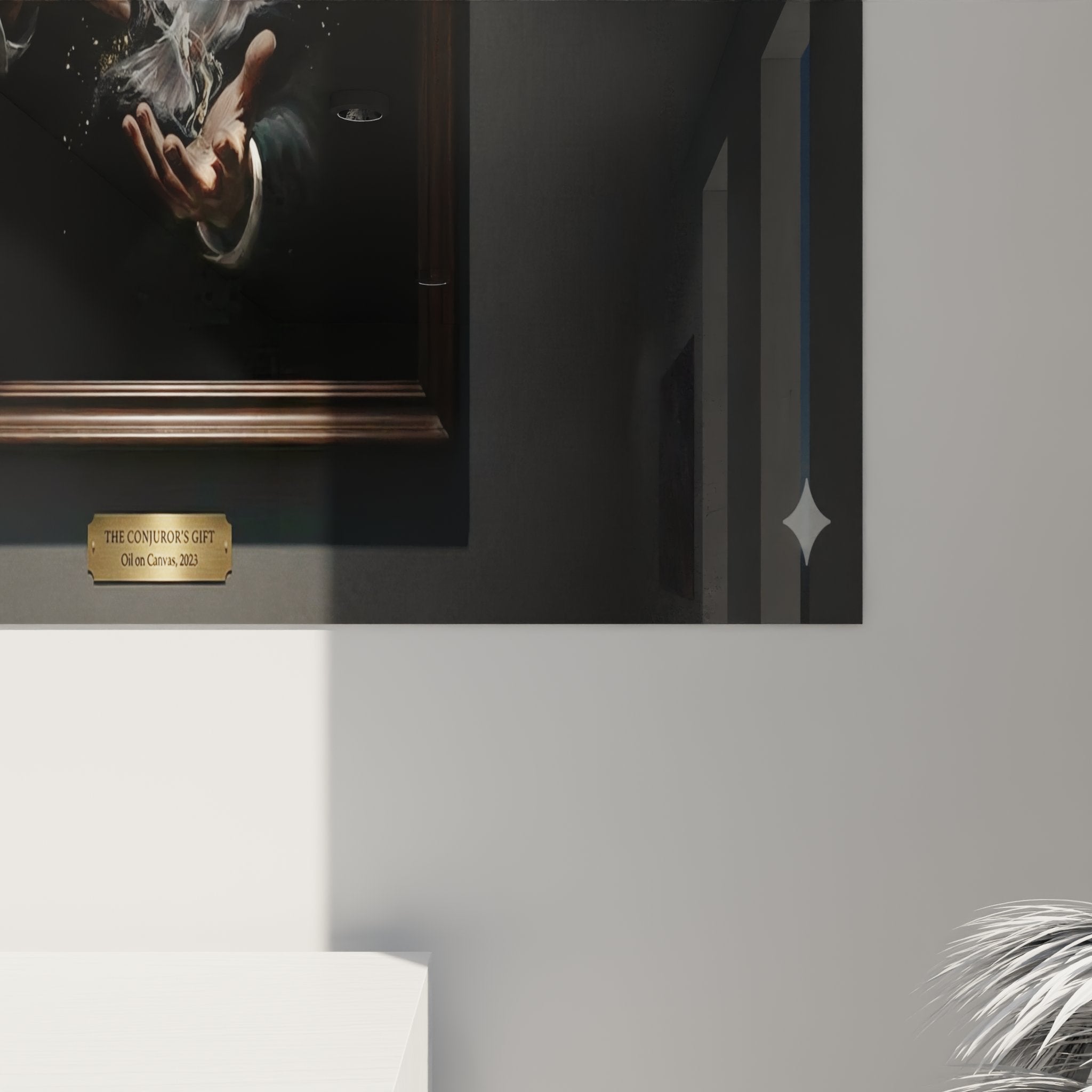 Vue d'ensemble du tableau colombes magiques dans un salon contemporain avec éclairage d'ambiance