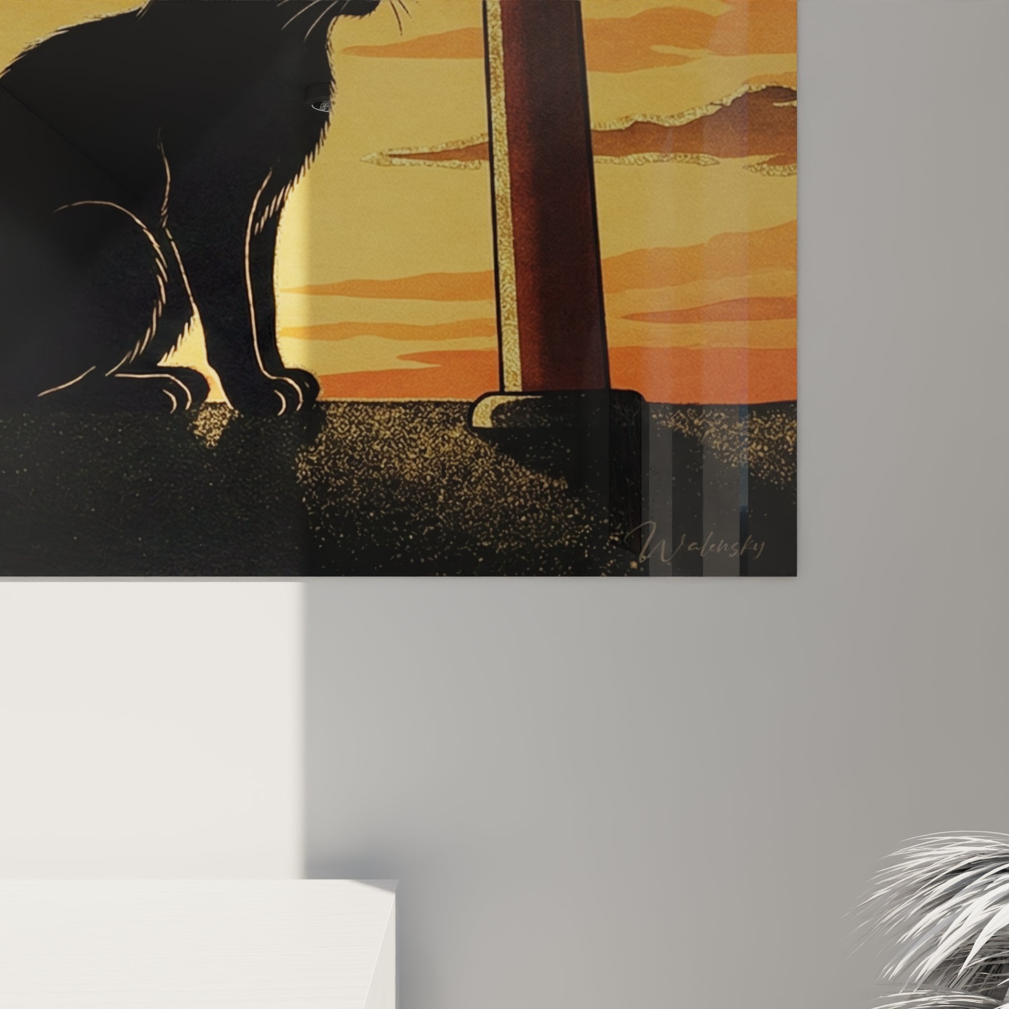 Vue d'ensemble tableau mural chat japonais torii, decoration murale art asiatique coucher soleil