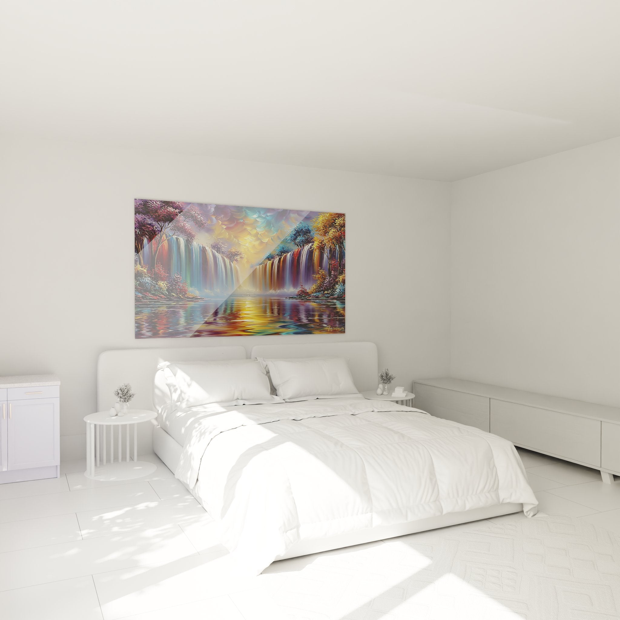 Tableau cascade colorée en décoration chambre - ambiance relaxante avec chutes d'eau multicolores