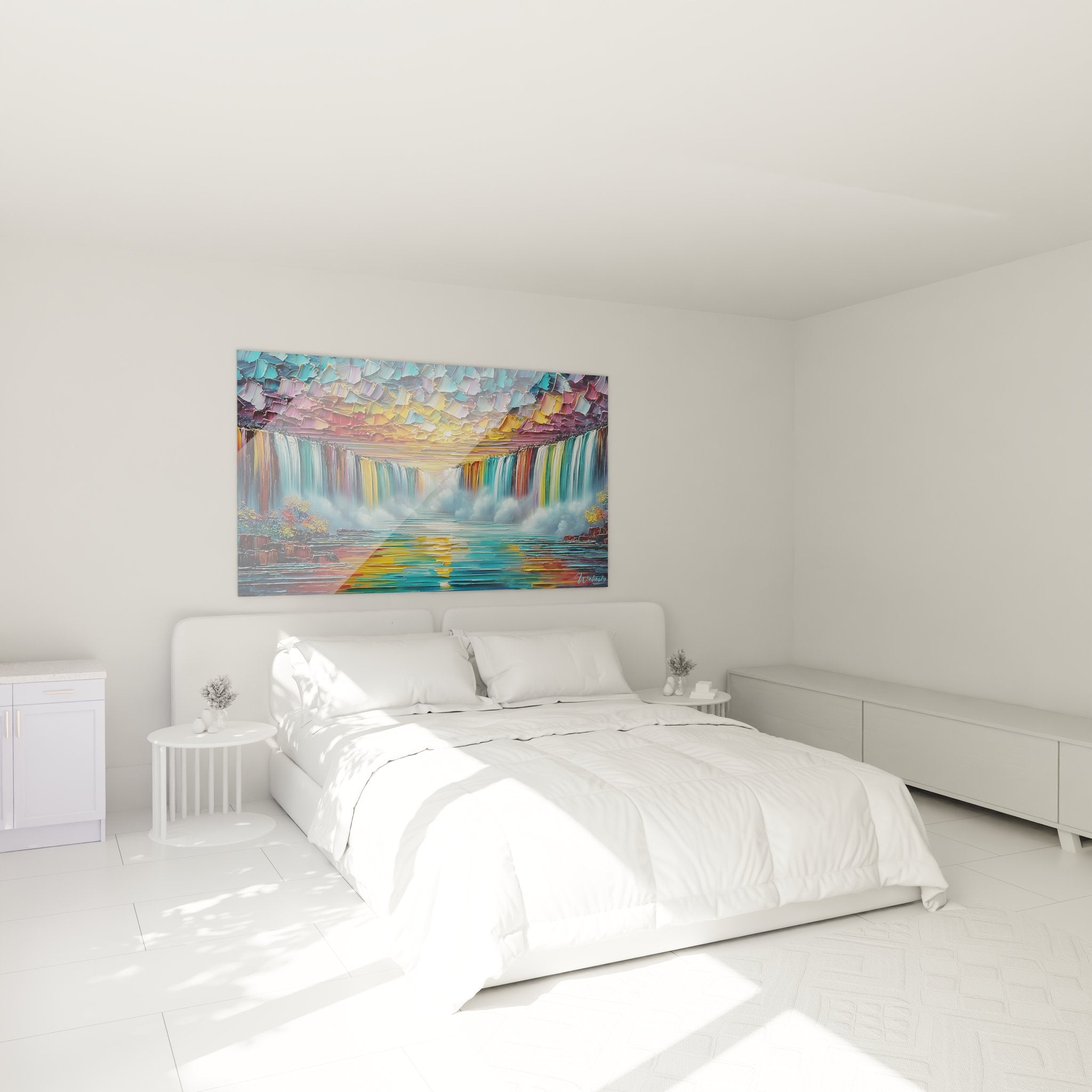 Tableau cascade impressionniste coloré installé dans chambre moderne pour ambiance décorative apaisante