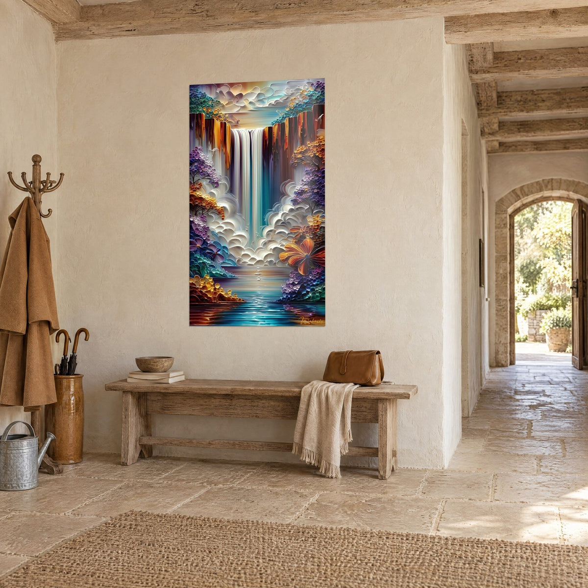 Gemälde fantastischer Wasserfall mit cremigen Reliefs, orange und braune Felsen, türkisfarbenes Becken, am Ende eines Steinkorridors, Dreiviertelansicht