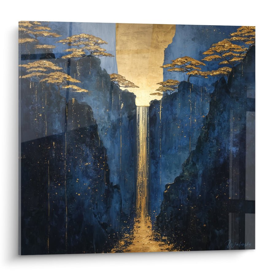 Tableau cascade dorée entre falaises bleues nocturnes avec arbres dorés - Sérénité mystique - Edition Feng shui Nord Eau
