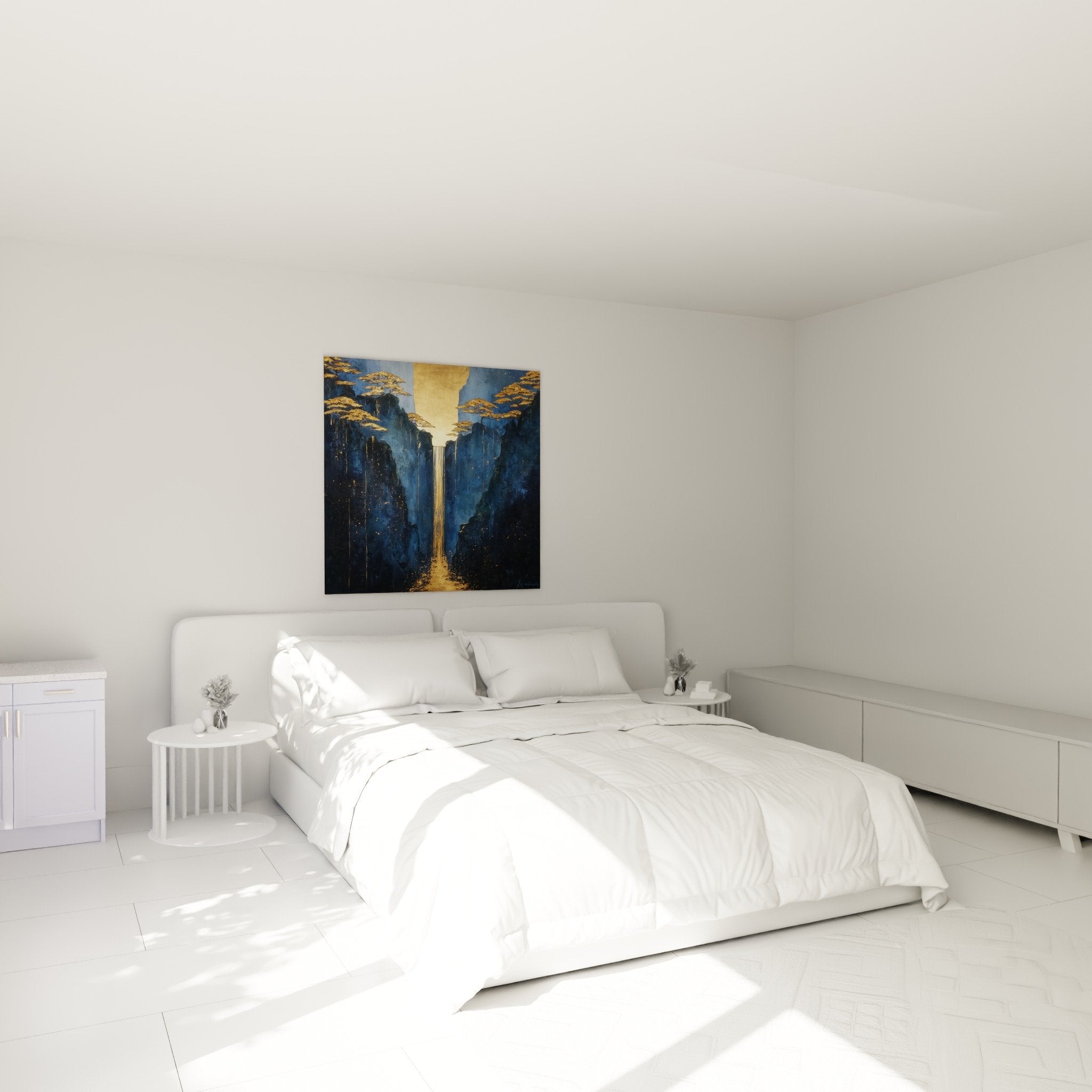 Golden luminous cascade in midnight blue bedroom feng shui north water soothing ambiance