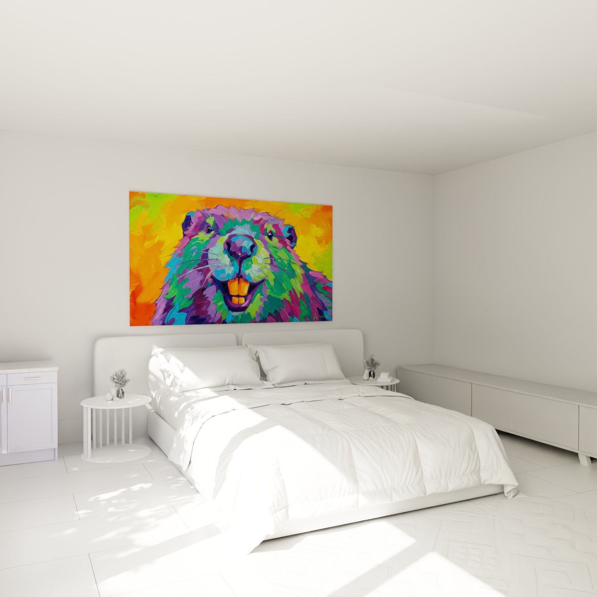 tableau castor coloré dans chambre moderne decoration murale violet orange ambiance chaleureuse