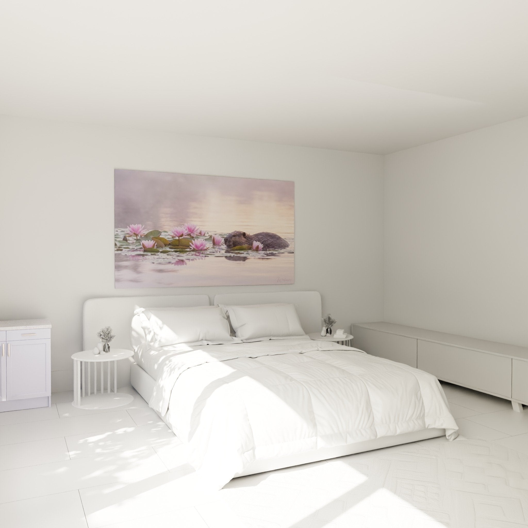 Castor nénuphars roses chambre parentale ambiance zen décoration murale apaisante tons poudrés