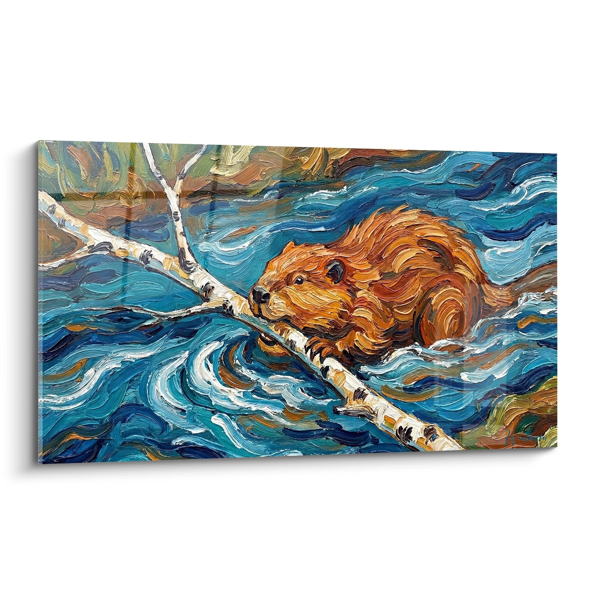 Tableau castor roux nageant eaux bleues tourbillonnantes style expressionniste Edition Castor