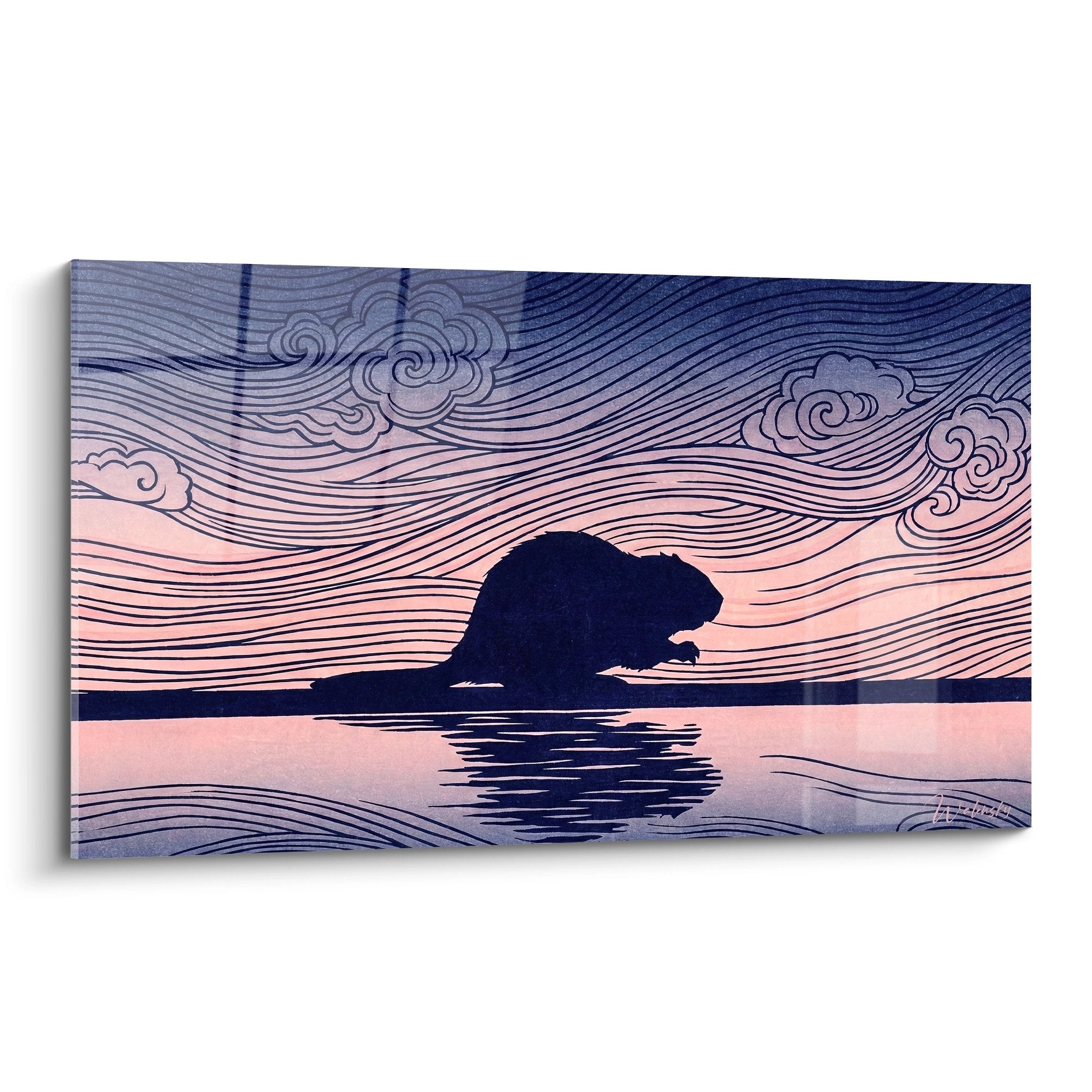 Tableau castor silhouette noire reflet eau lignes ondulantes ciel rose bleu style japonais contemporain
