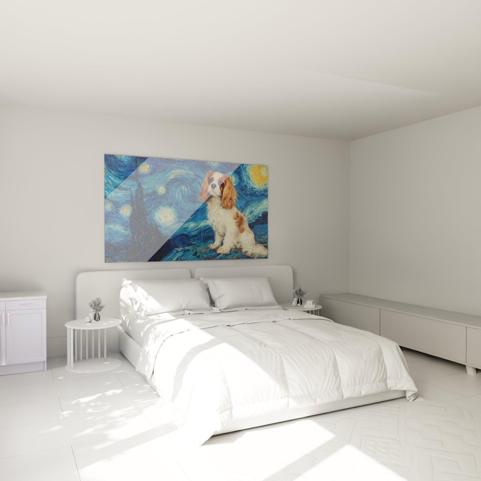 Tableau cavalier king charles accroche chambre decoration murale nuit etoilee ambiance apaisante