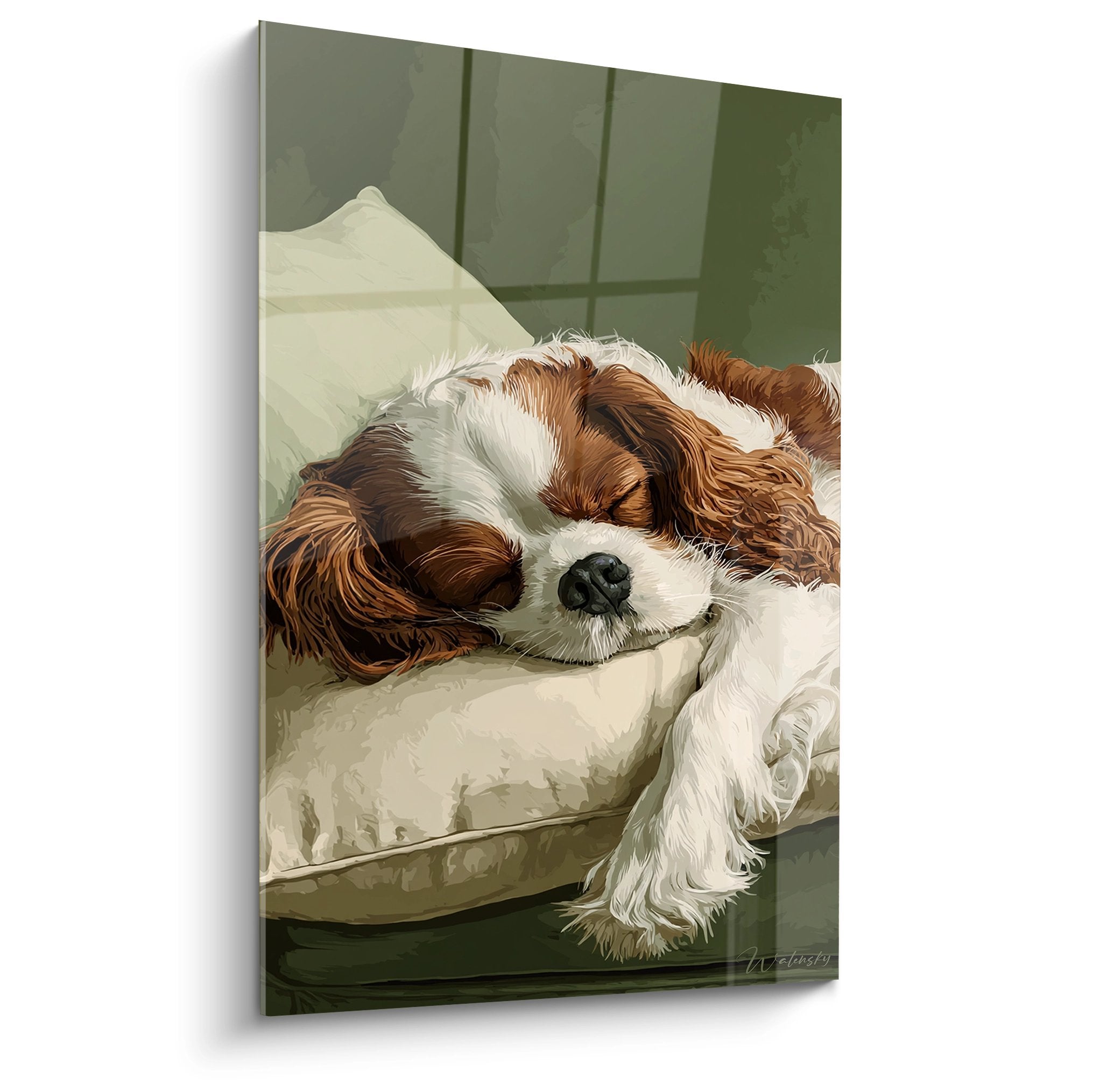 Tableau représentant un Cavalier King Charles endormi sur coussin blanc dans tons beiges et roux