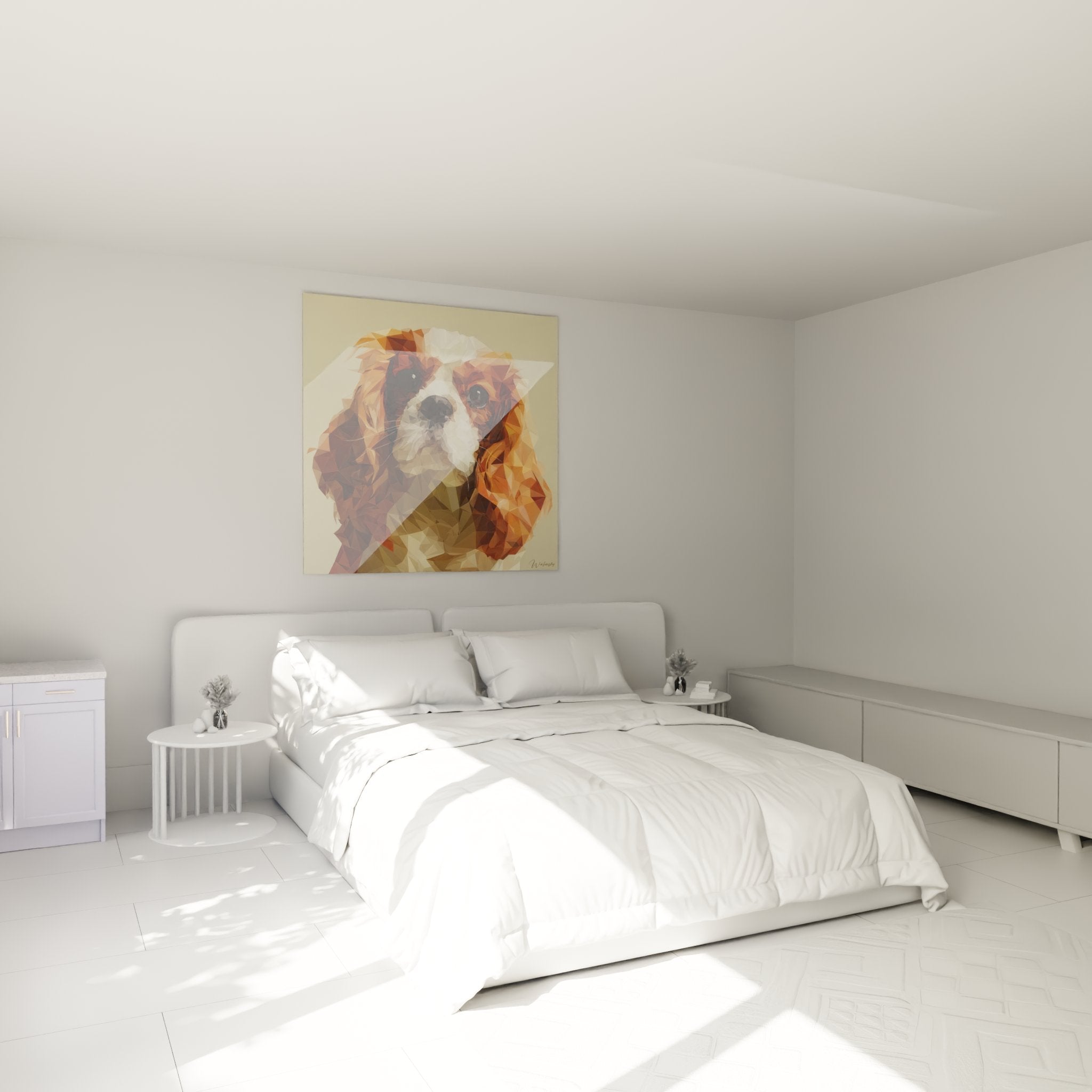 Tableau Cavalier King Charles polygonal roux accroché au mur d'une chambre moderne avec décoration cocooning
