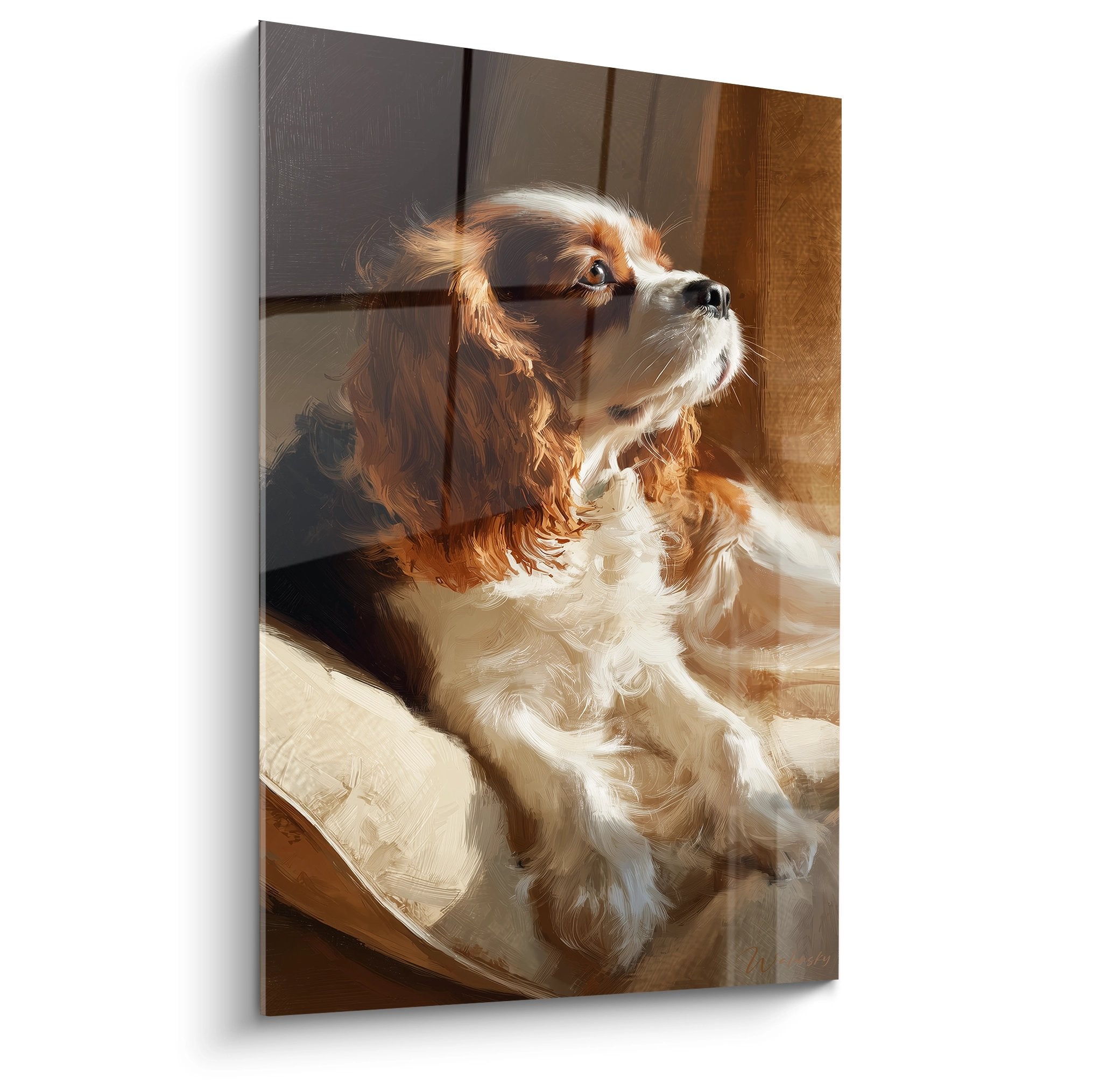 Tableau Cavalier King Charles tricolore dans lumiere doree regard contemplatif pose elegante