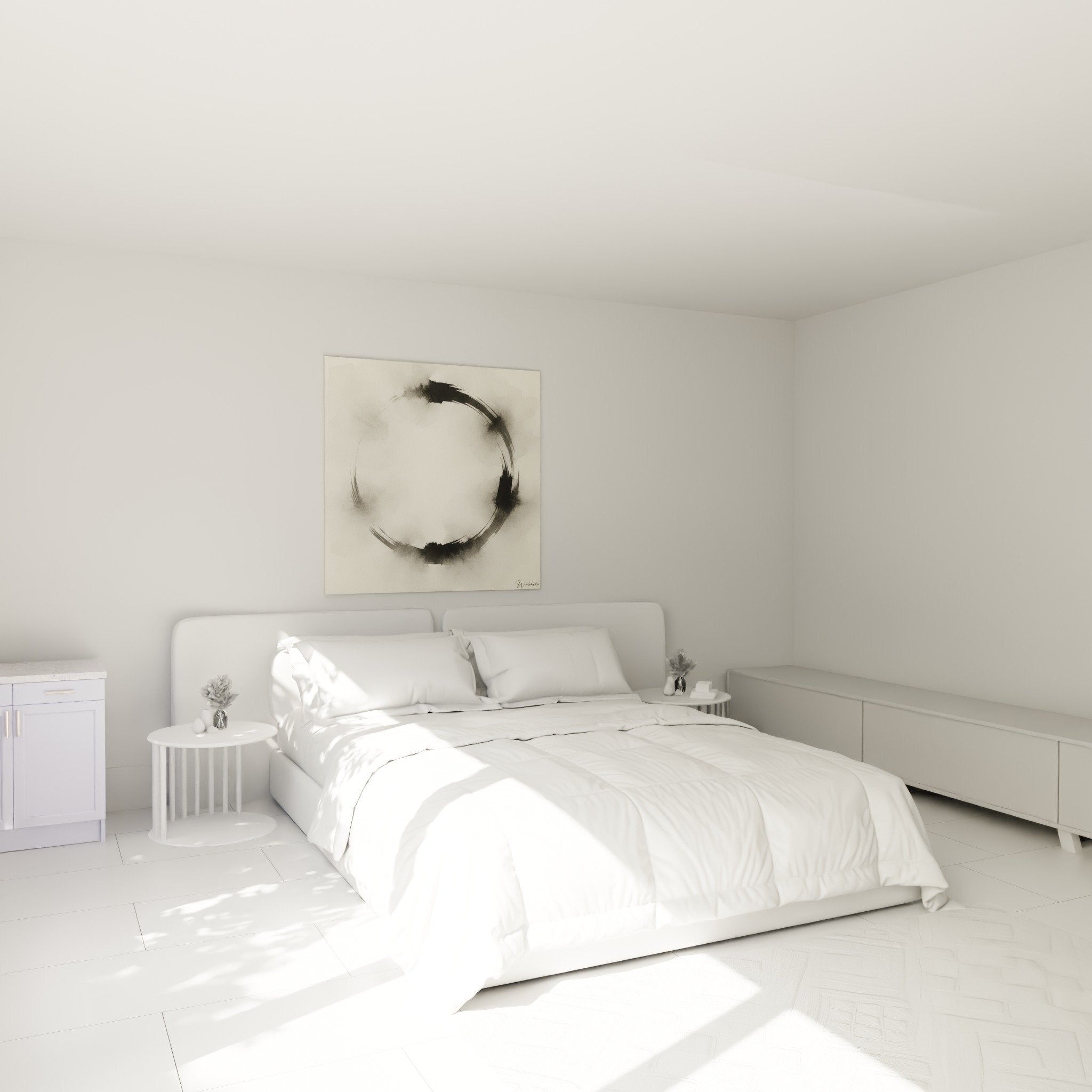 Minimalist black circle in modern bedroom - zen wall decoration with Enso artwork on white wall