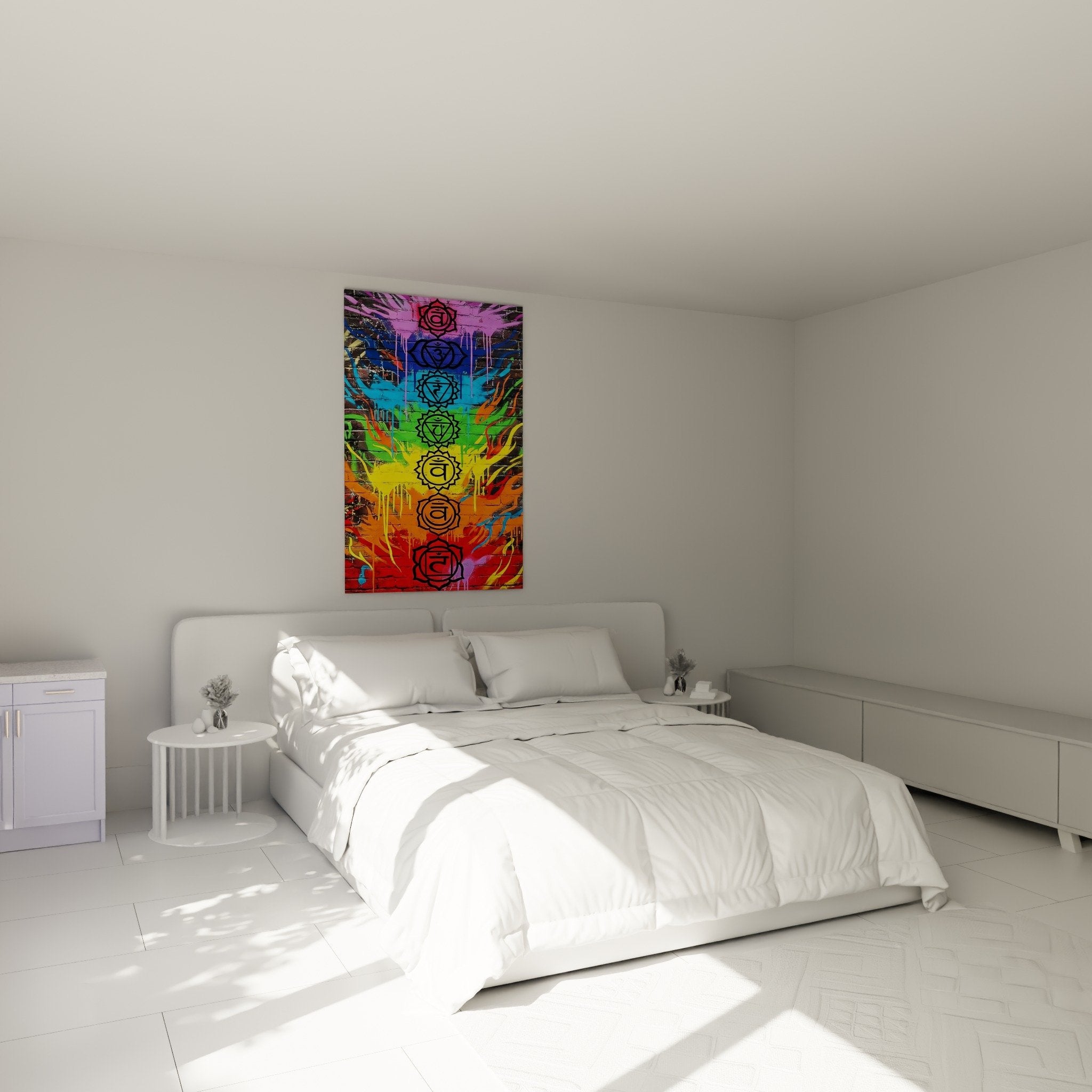 Tableau chakras arc-en-ciel dans chambre moderne avec couleurs vives rouge orange jaune vert bleu violet