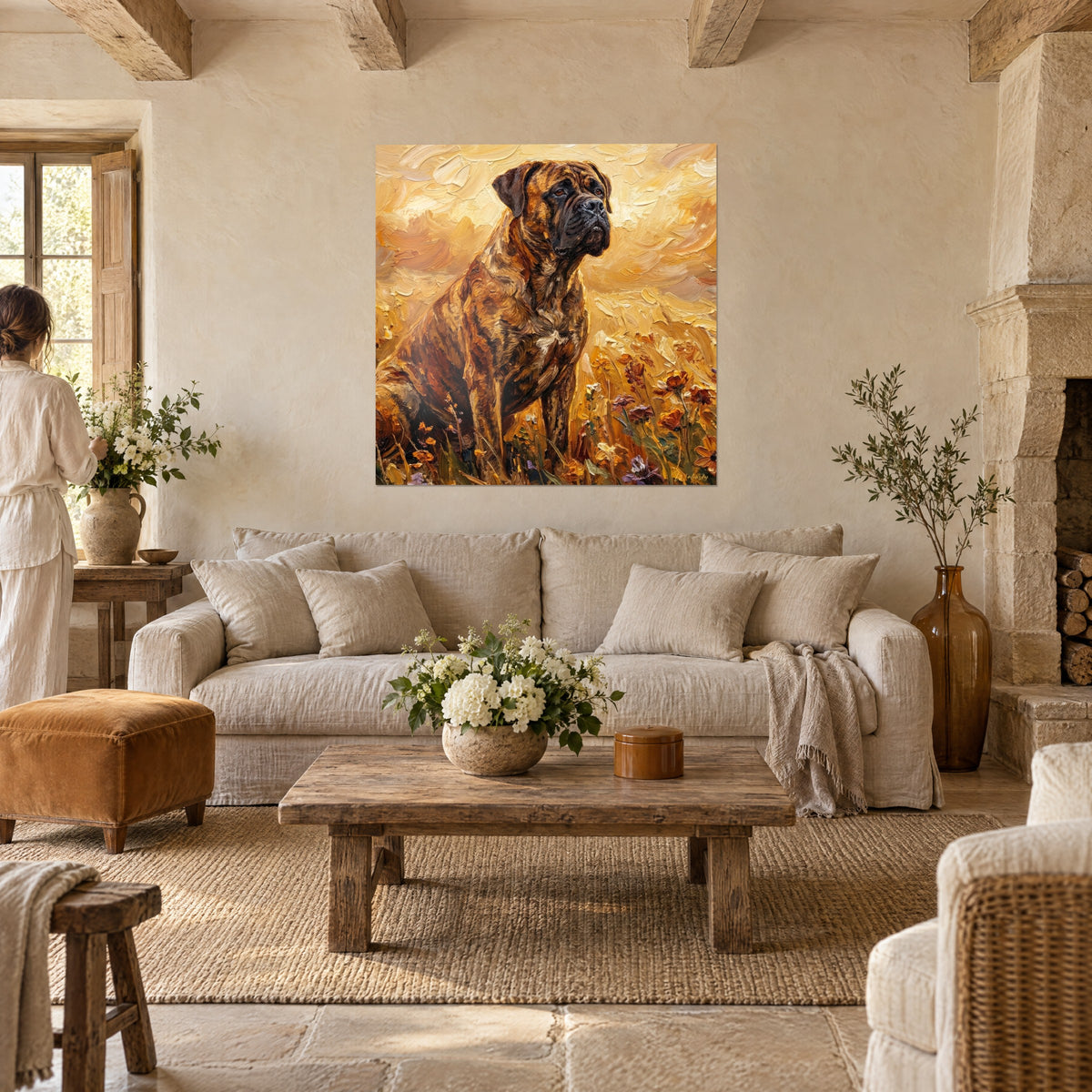Quadro bullmastiff brindle seduto, muso nero e ocra, in un campo dorato dipinto a olio, appeso sopra un divano in un soggiorno luminoso