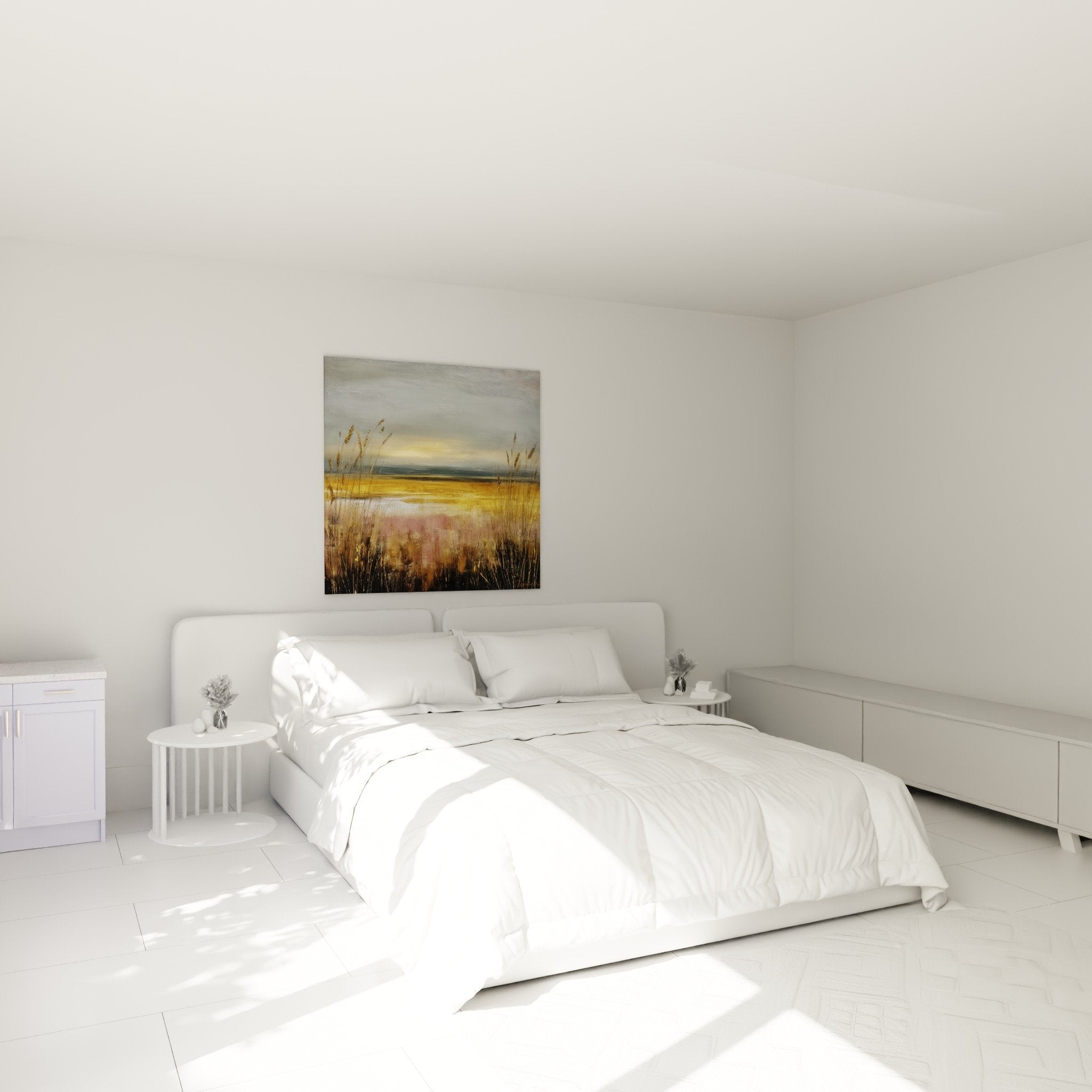 Chambre decoration murale paysage graminees automnales tons chauds ambiance cosy