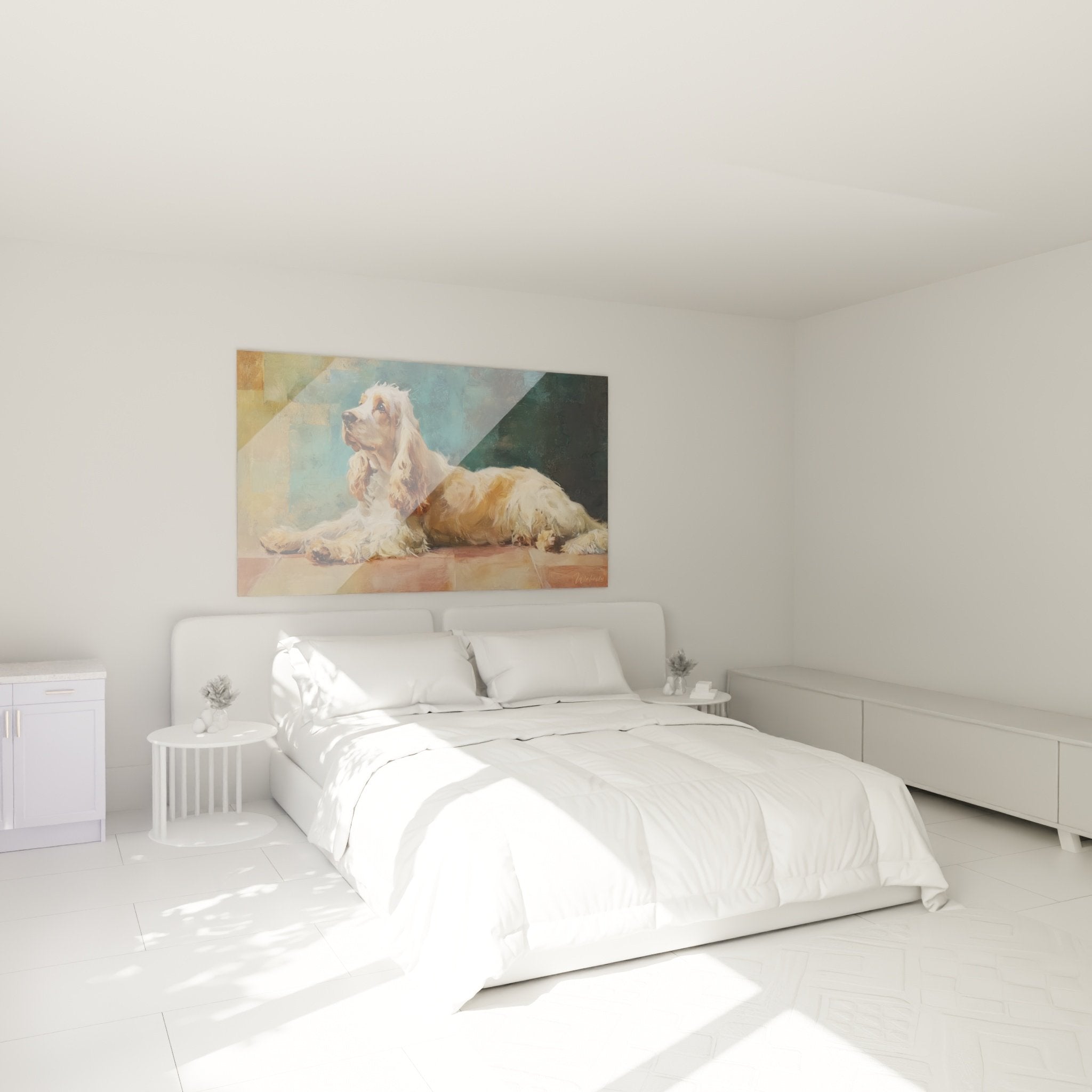 Decoration chambre avec portrait cocker spaniel aux tons dores dans interieur moderne